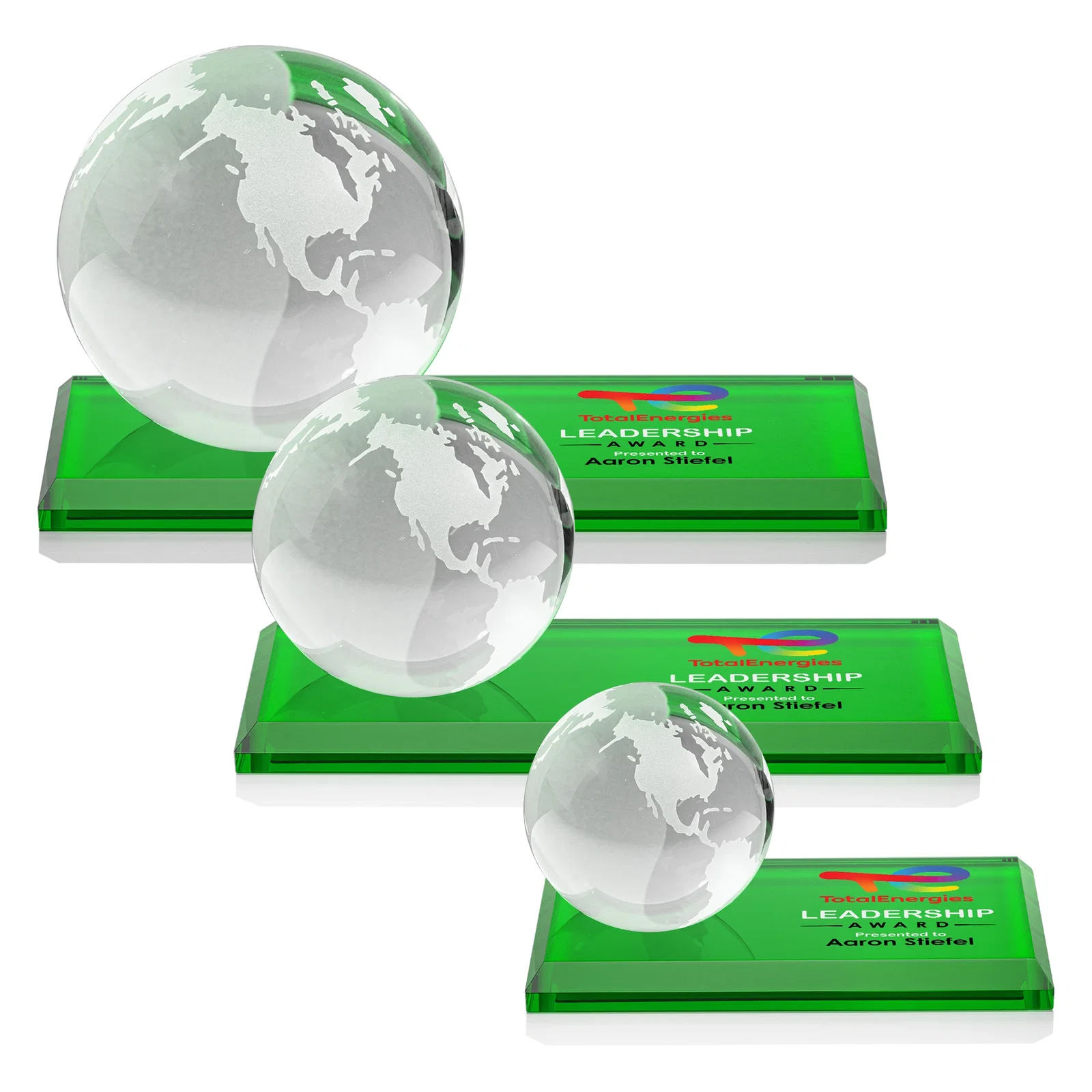 Branded Rotating Globe Crystal Award, 5"-8" on Flat Rectangular Base for corporate award ceremonies