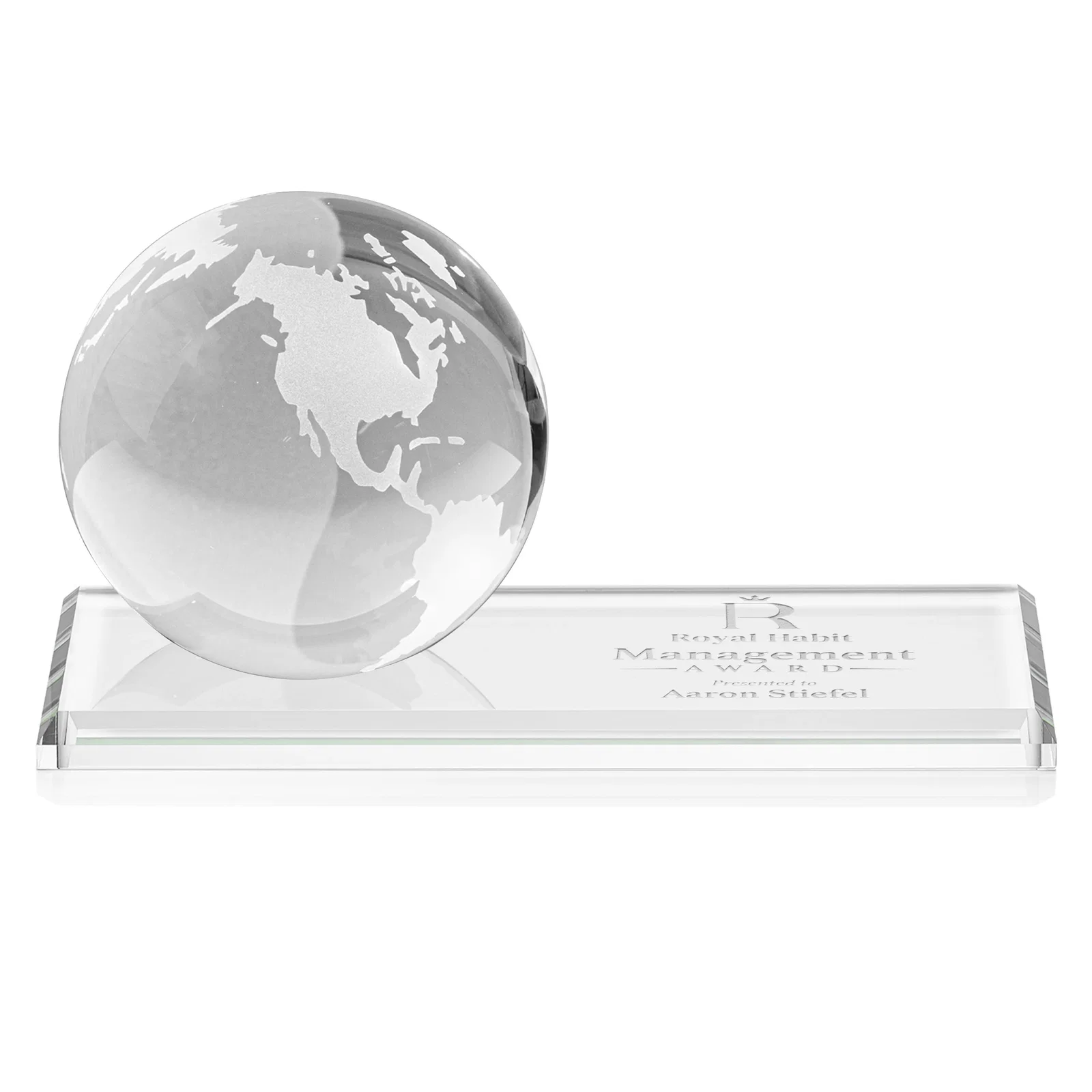 Custom Rotating Globe Crystal Award, 5"-8" on Flat Rectangular Base for sales achievement awards