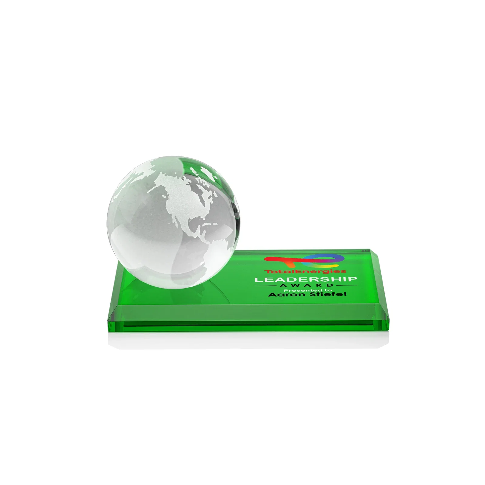 Branded Rotating Globe Crystal Award, 5"-8" on Flat Rectangular Base for service anniversary gifts