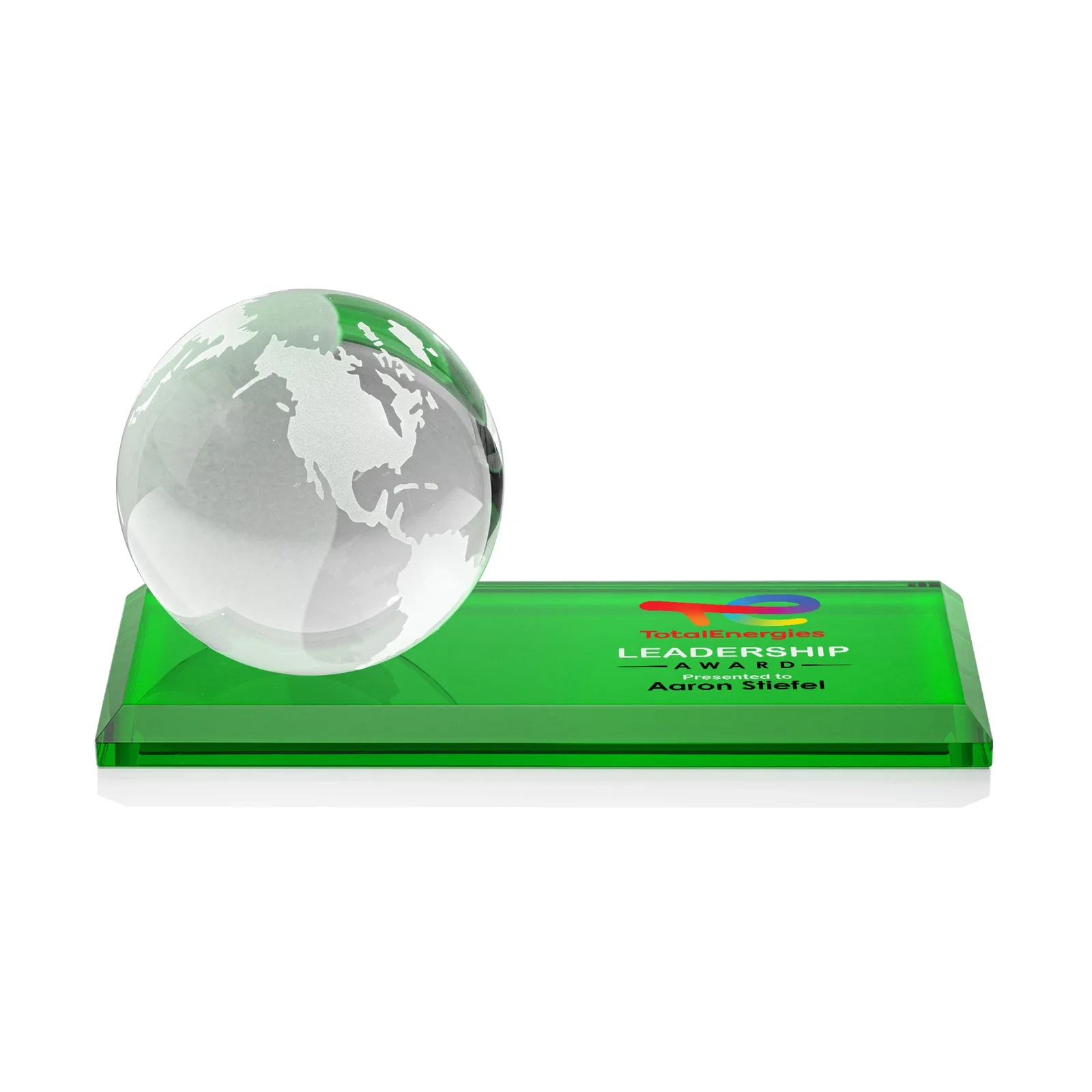 Branded Rotating Globe Crystal Award, 5"-8" on Flat Rectangular Base for sales achievement awards