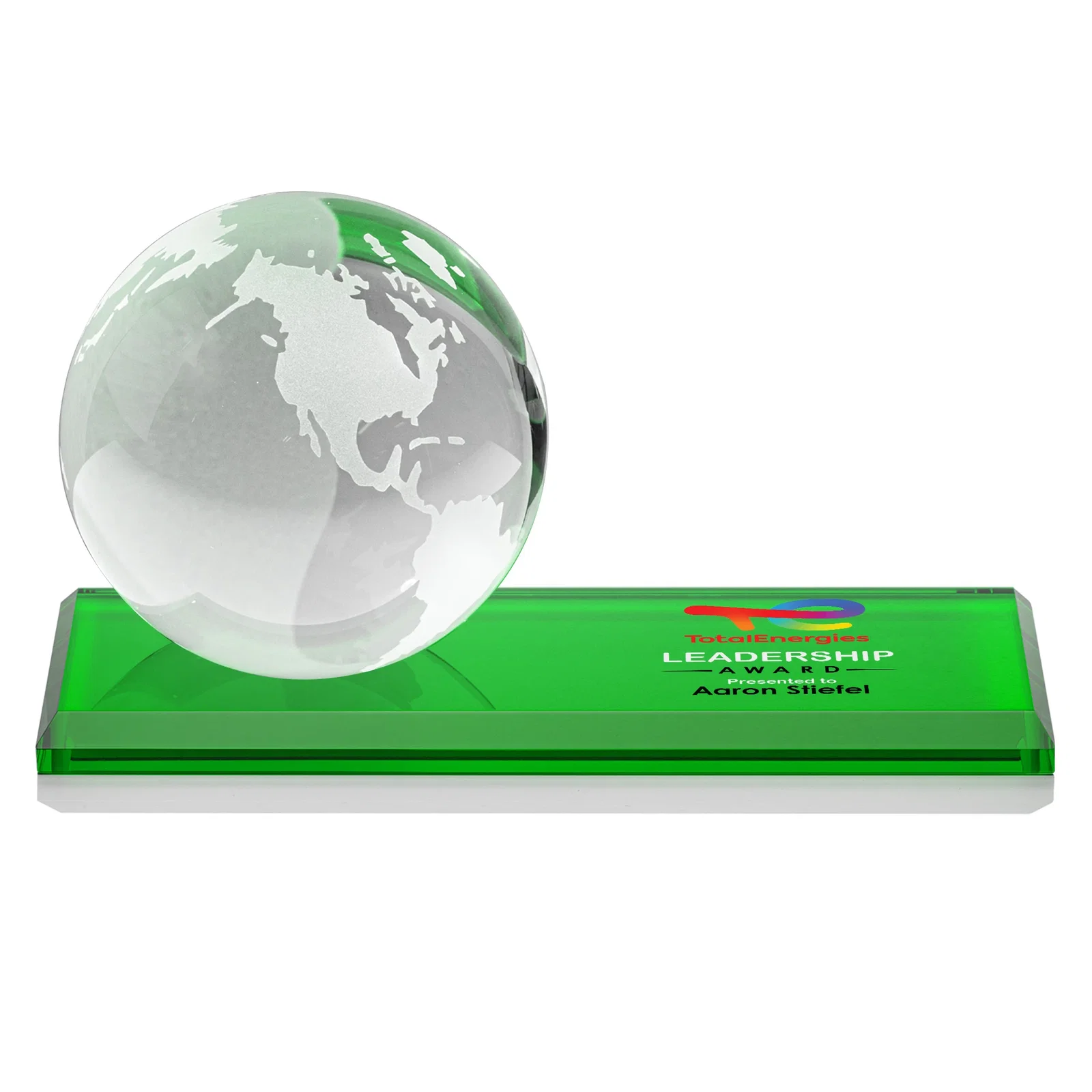Branded Rotating Globe Crystal Award, 5"-8" on Flat Rectangular Base for retirement presentations