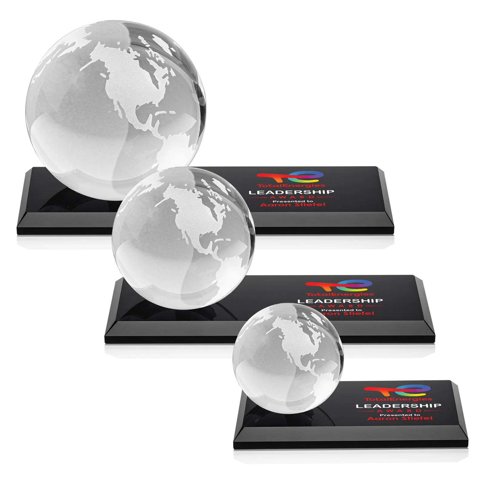 Branded Rotating Globe Crystal Award, 5"-8" on Flat Rectangular Base for team milestone celebrations