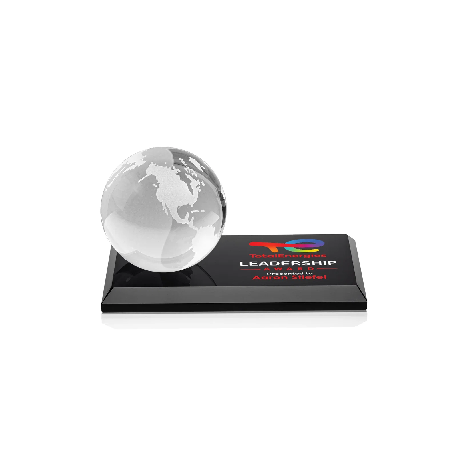 Branded Rotating Globe Crystal Award, 5"-8" on Flat Rectangular Base for donor appreciation