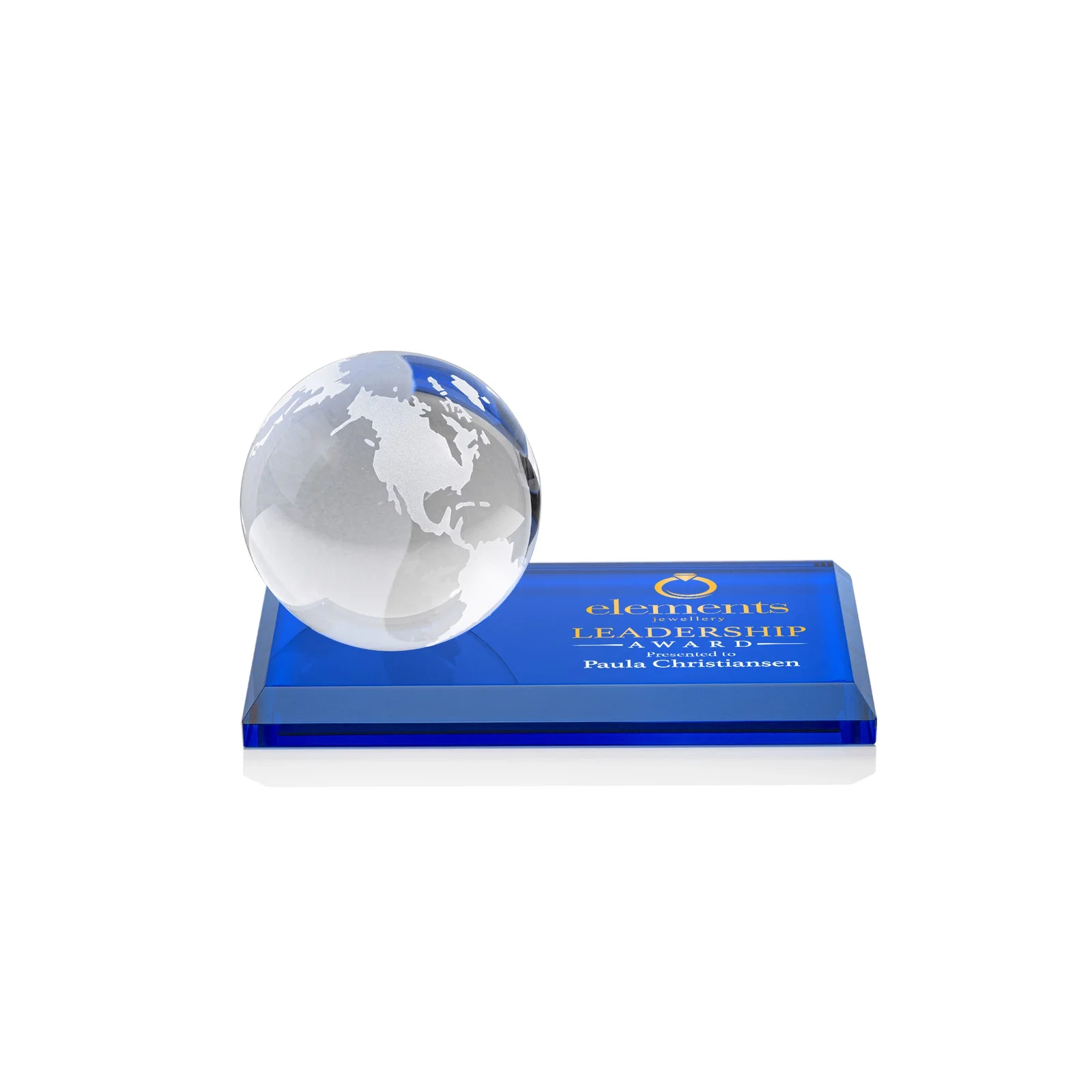 Branded Rotating Globe Crystal Award, 5"-8" on Flat Rectangular Base for dealer and partner awards