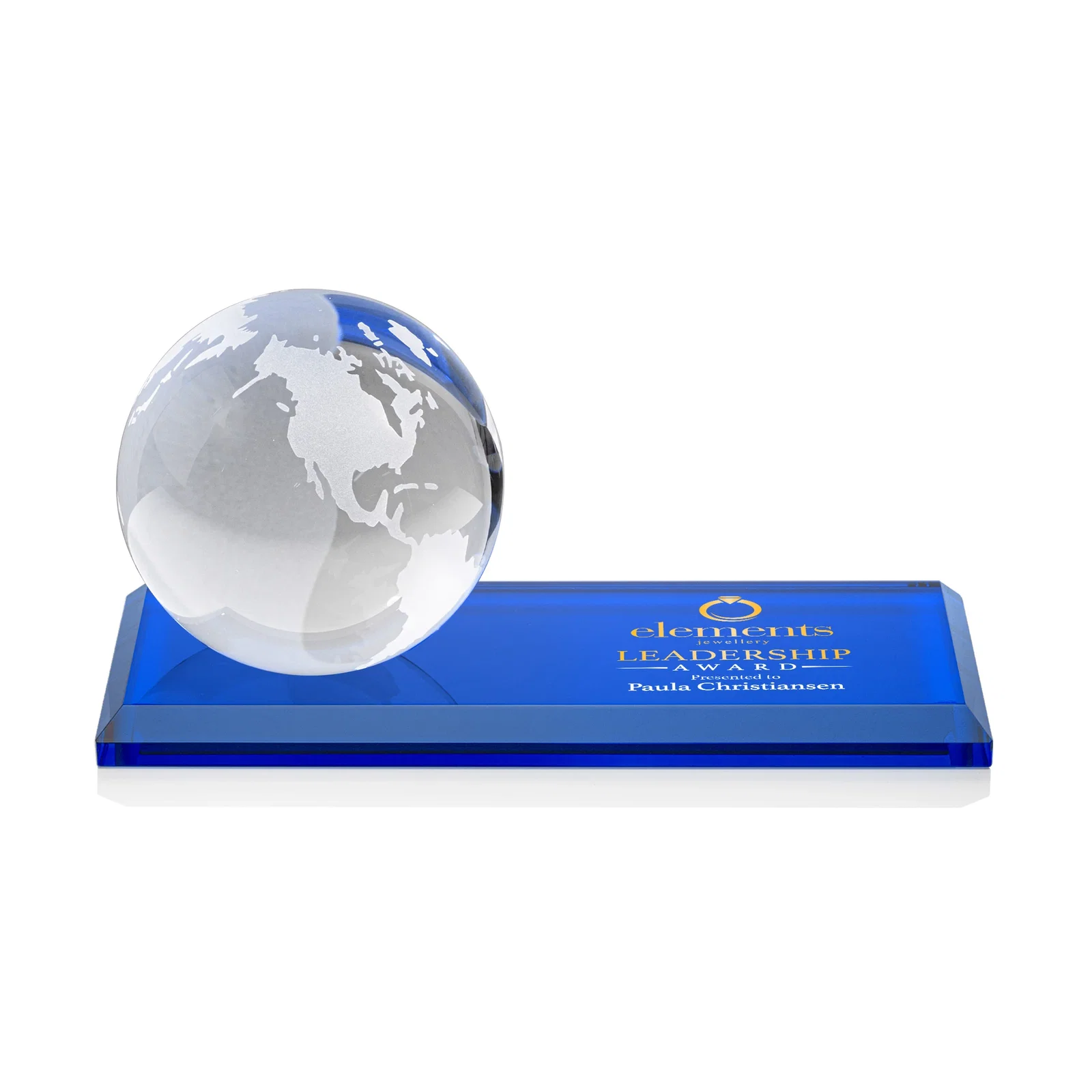 Branded Rotating Globe Crystal Award, 5"-8" on Flat Rectangular Base for company anniversary events