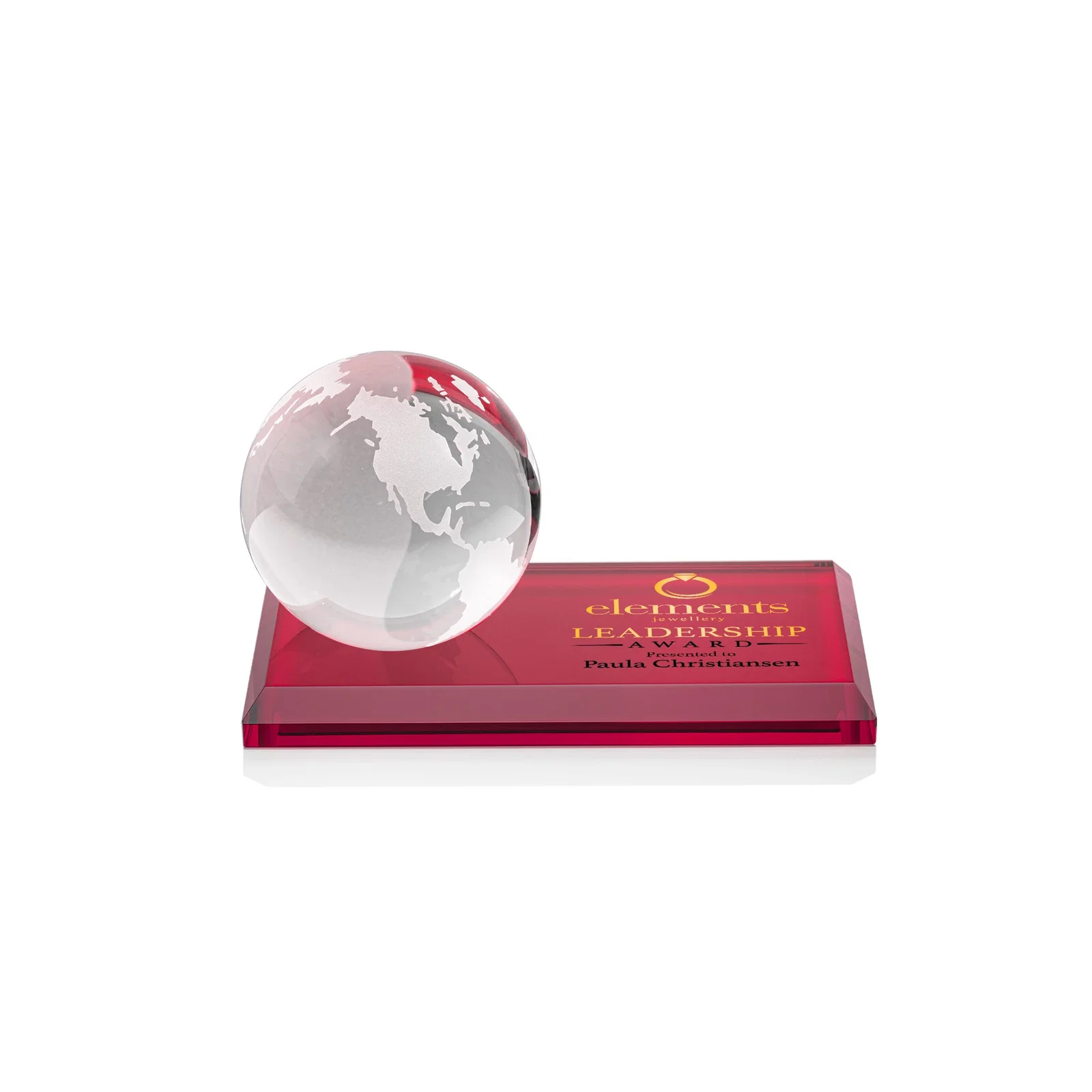 Custom printed Rotating Globe Crystal Award, 5"-8" on Flat Rectangular Base for service anniversary gifts