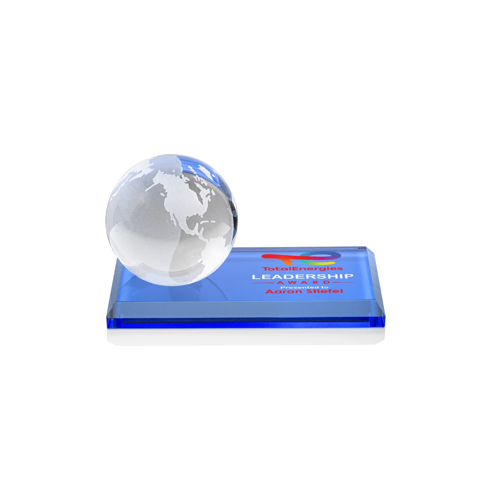 Custom printed Rotating Globe Crystal Award, 5"-8" on Flat Rectangular Base for donor appreciation
