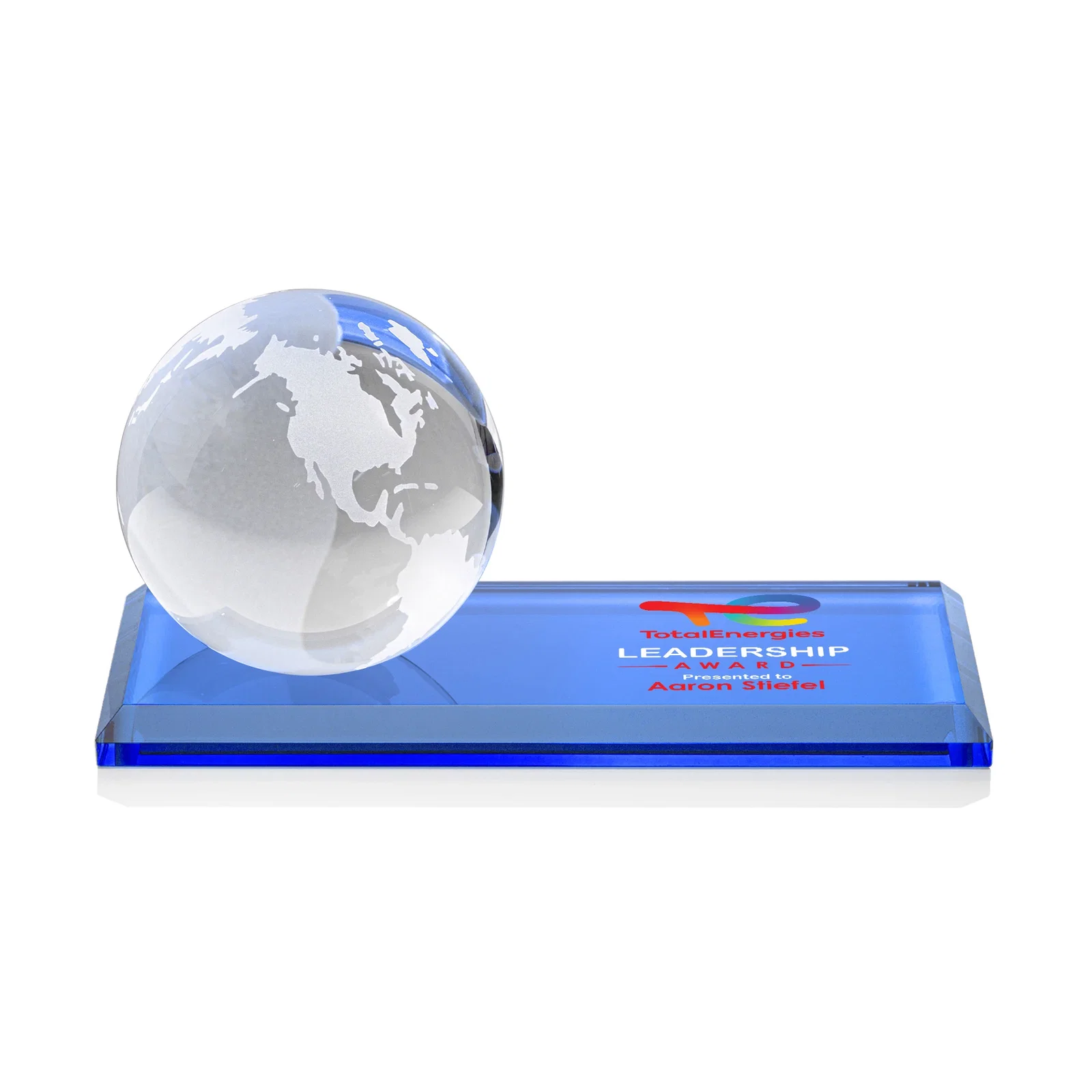 Custom printed Rotating Globe Crystal Award, 5"-8" on Flat Rectangular Base for graduation ceremonies