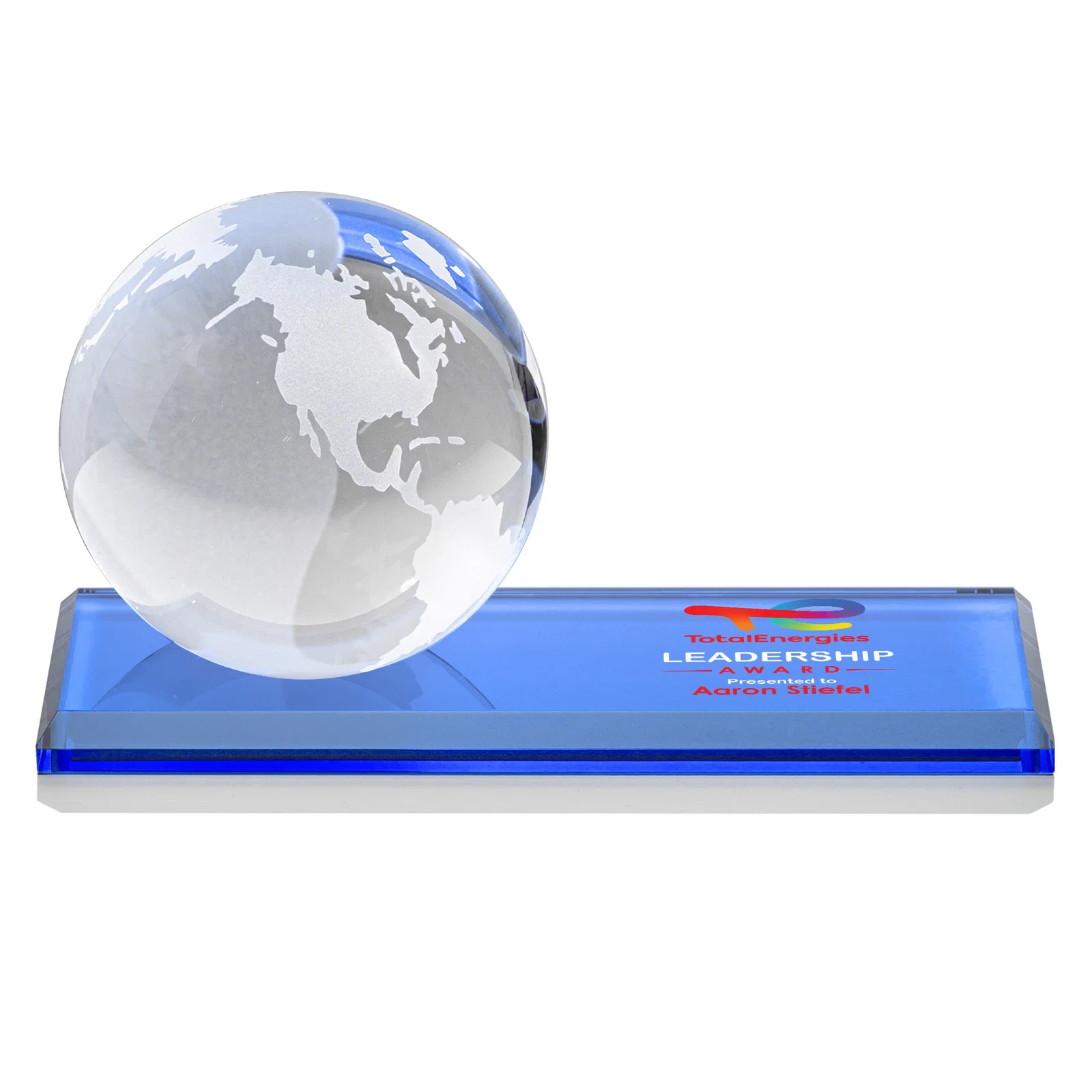 Custom printed Rotating Globe Crystal Award, 5"-8" on Flat Rectangular Base for safety achievement programs