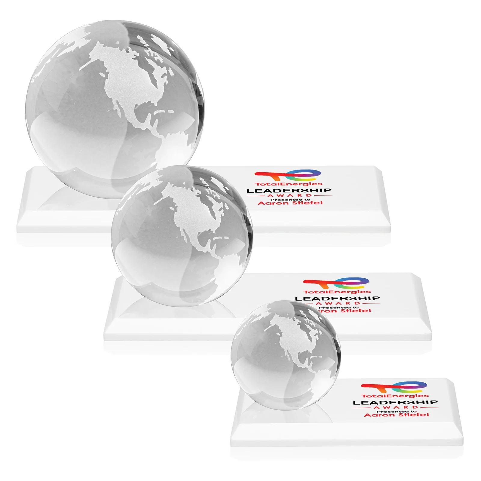 Custom printed Rotating Globe Crystal Award, 5"-8" on Flat Rectangular Base for volunteer appreciation