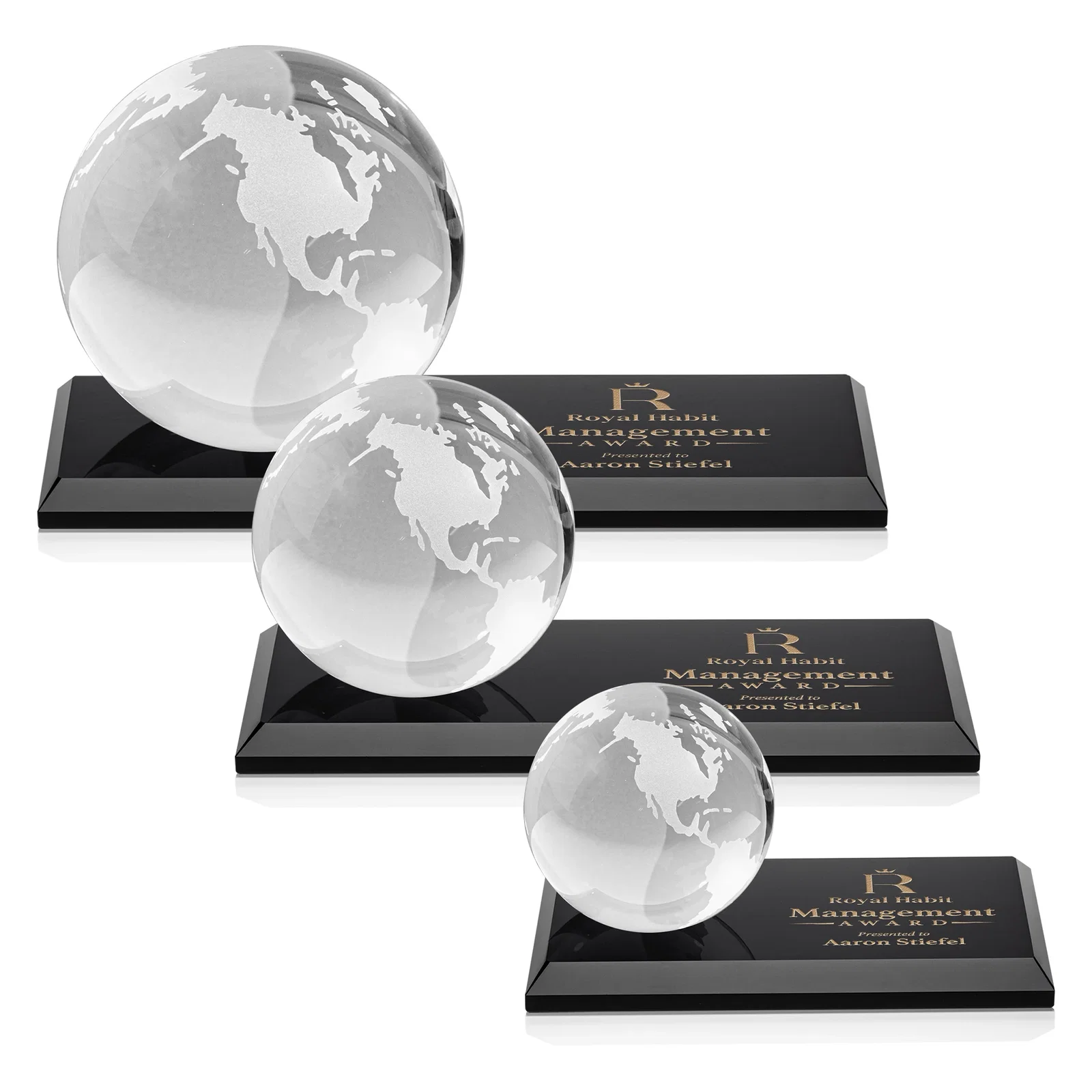 Custom Rotating Globe Crystal Award, 5"-8" on Flat Rectangular Base for team milestone celebrations