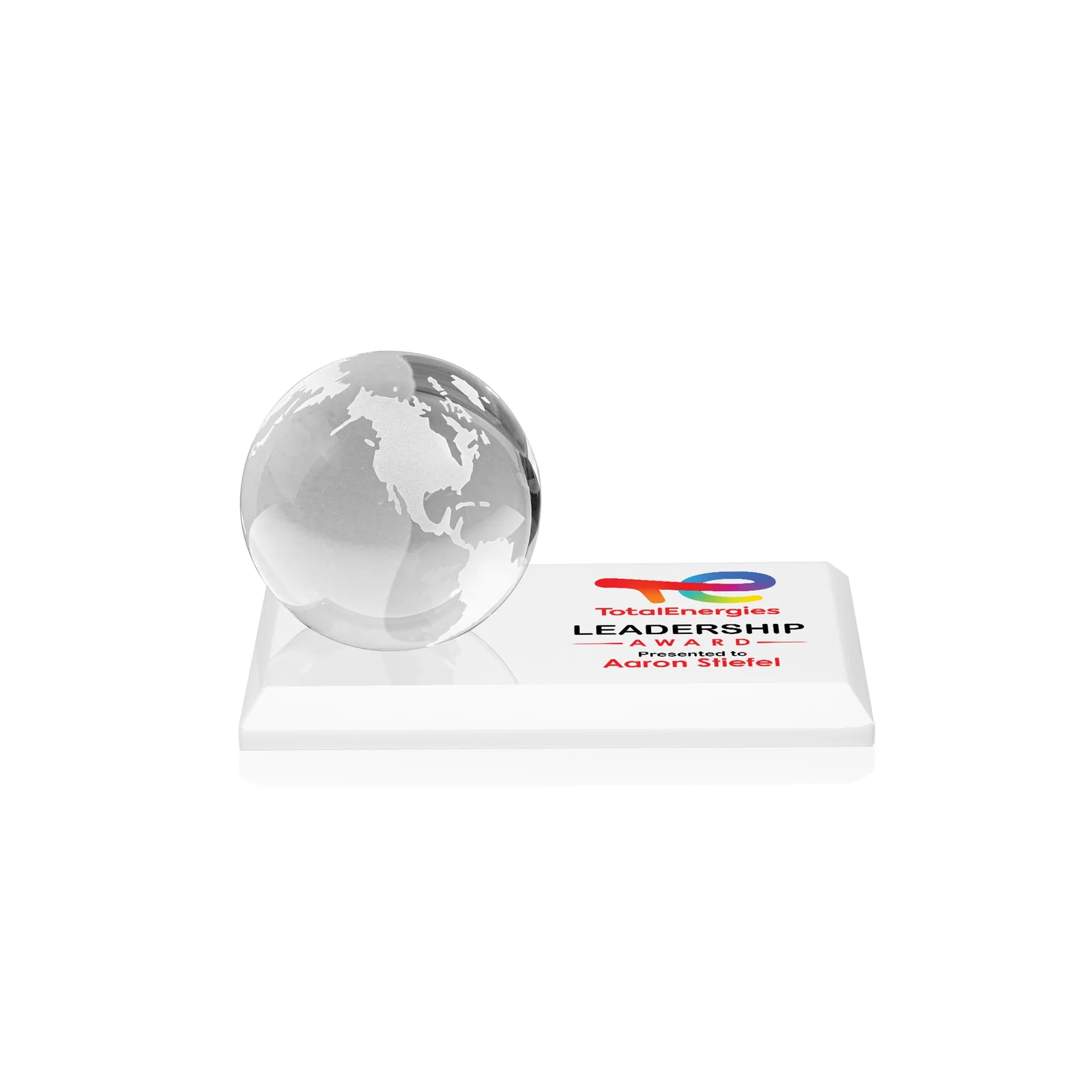 Custom printed Rotating Globe Crystal Award, 5"-8" on Flat Rectangular Base for dealer and partner awards