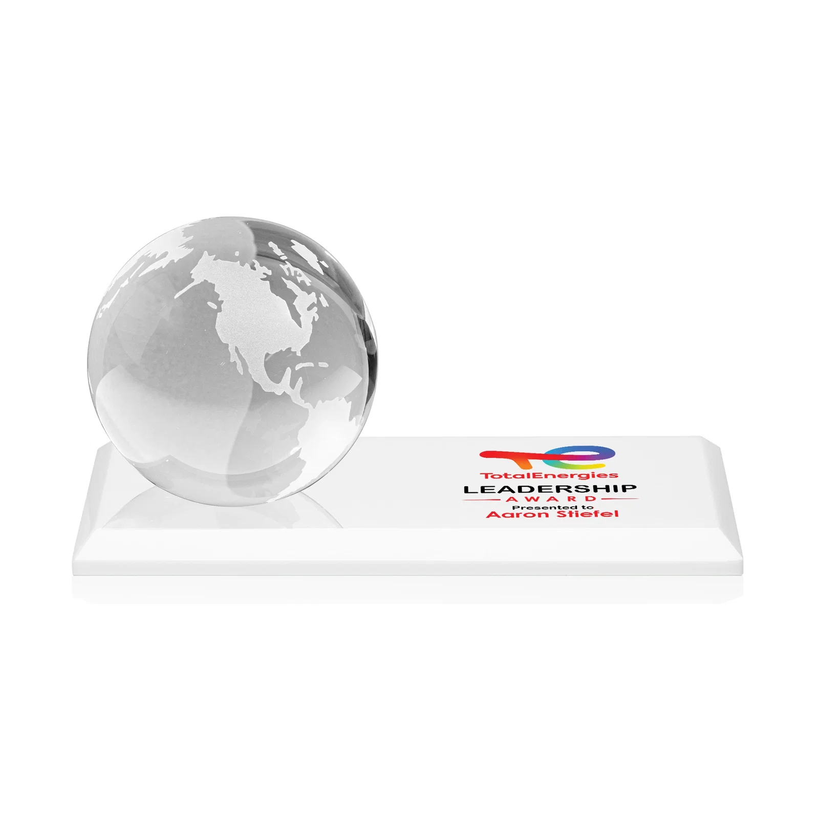 Custom printed Rotating Globe Crystal Award, 5"-8" on Flat Rectangular Base for company anniversary events