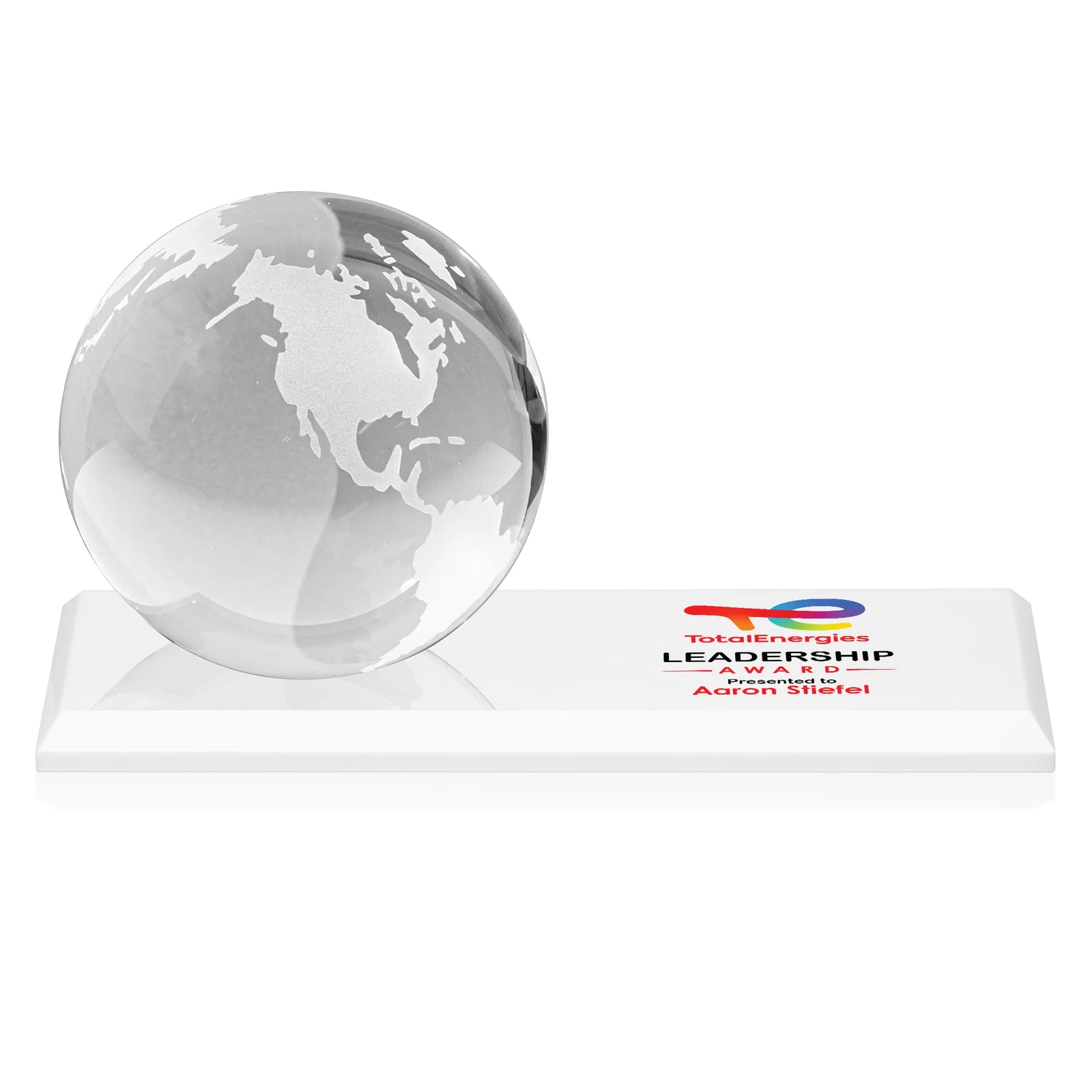 Customized Rotating Globe Crystal Award, 5"-8" on Flat Rectangular Base for employee recognition