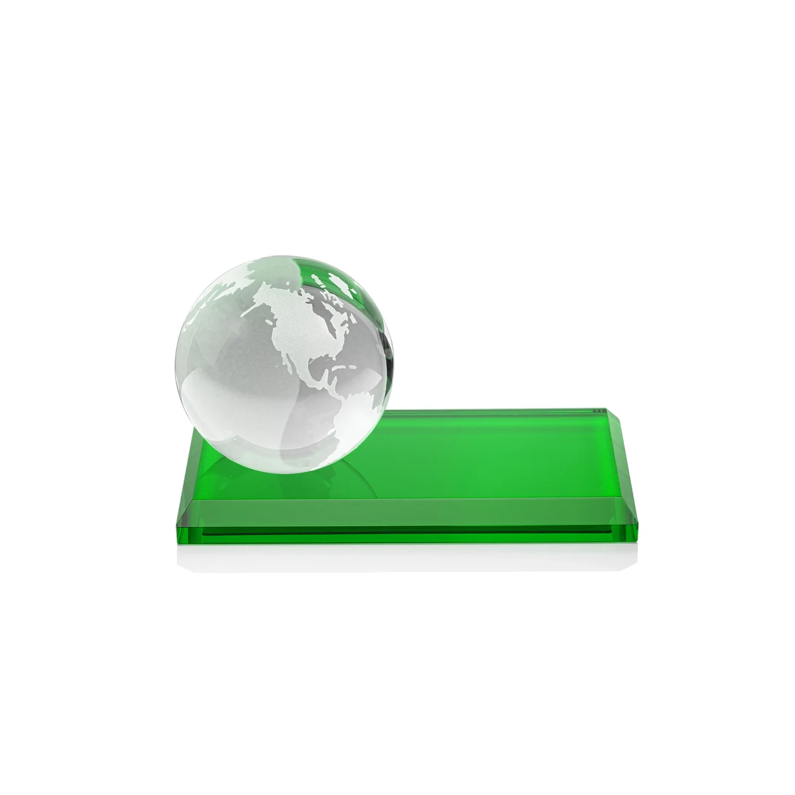 Custom engraved Rotating Globe Crystal Award, 5"-8" on Flat Rectangular Base for dealer and partner awards