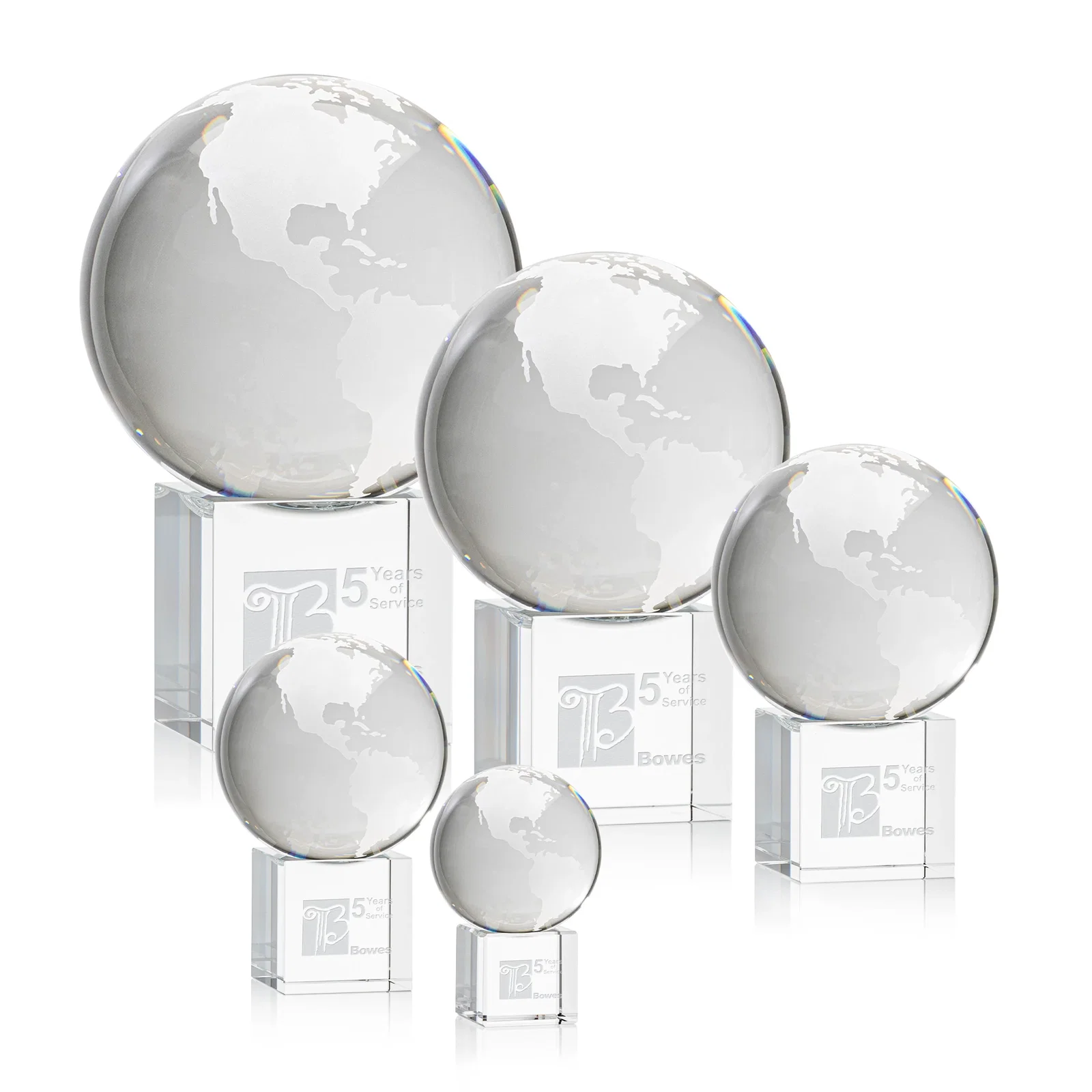 Custom Rotating Globe Crystal Award on Cube Base, 3.625"-9" with Etched Continents for employee recognition