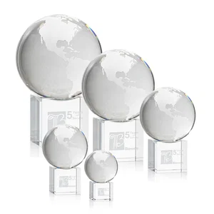 Rotating Globe Crystal Award on Cube Base, 3.625"-9" with Etched Continents