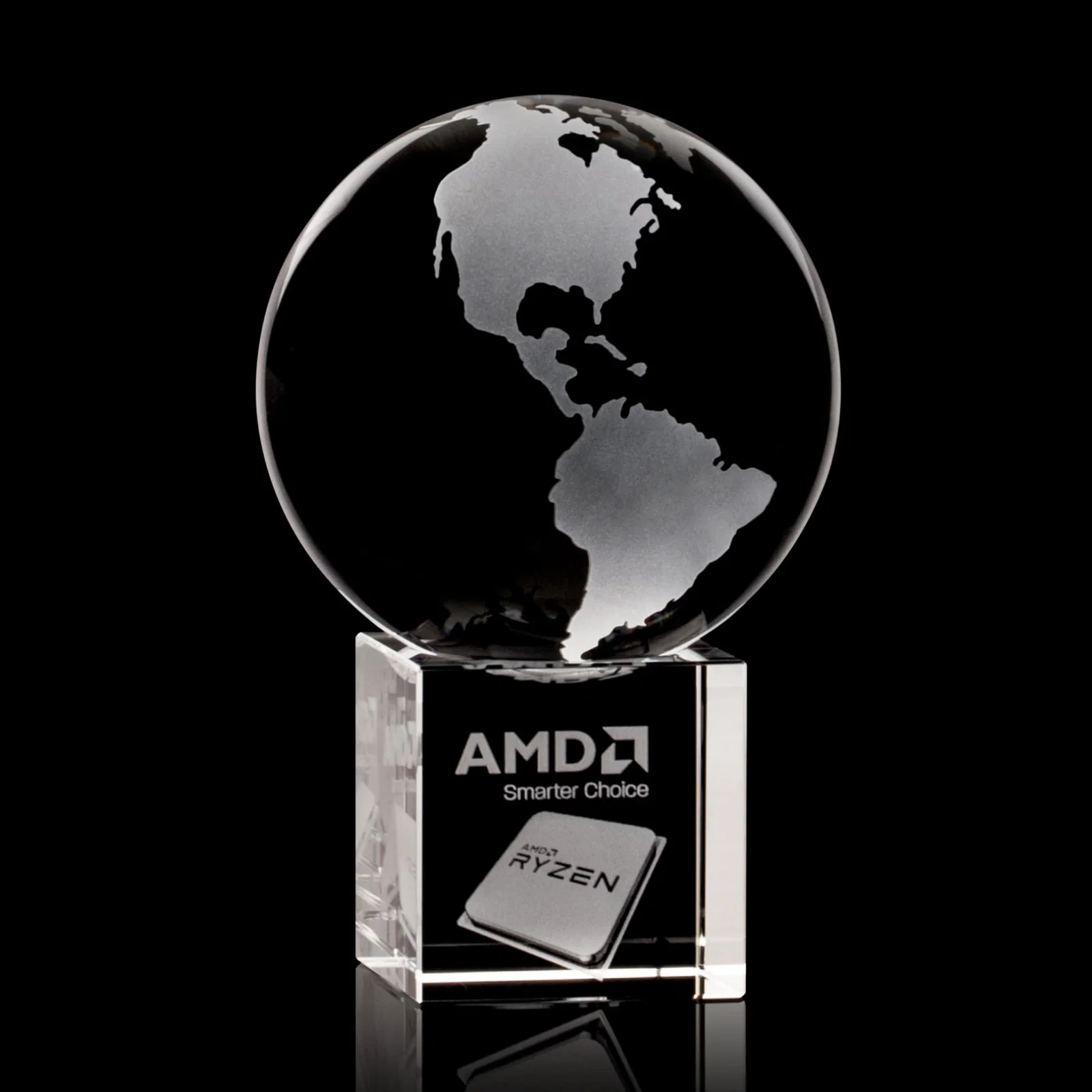Custom Rotating Globe Crystal Award on Cube Base, 3.625"-9" with Etched Continents for dealer and partner awards