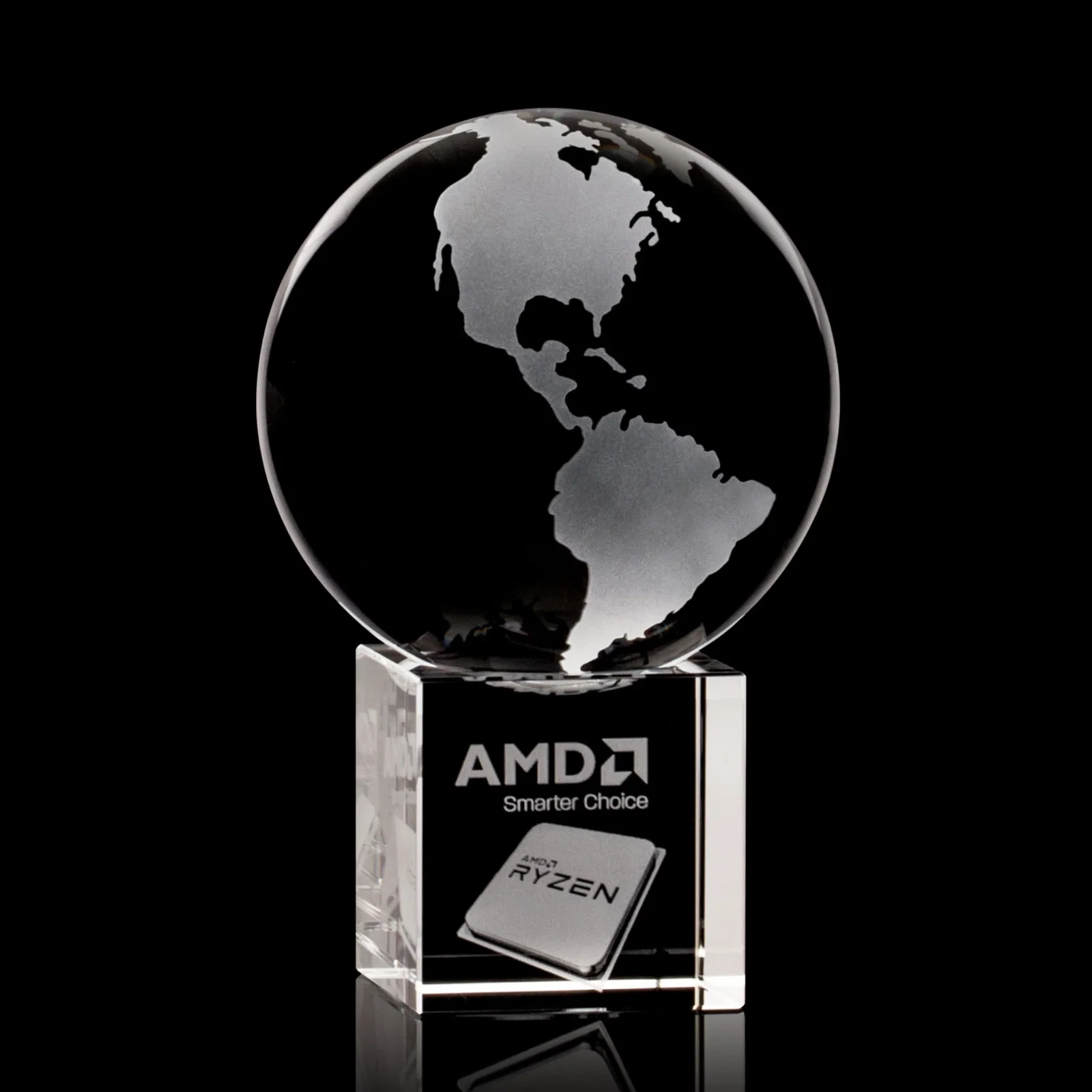 Custom Rotating Globe Crystal Award on Cube Base, 3.625"-9" with Etched Continents for company anniversary events