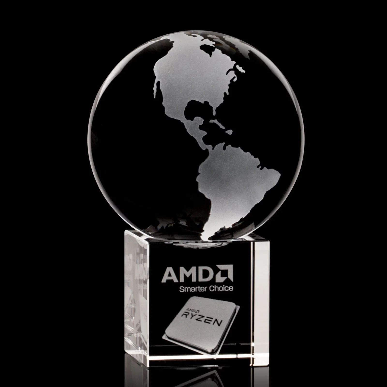Personalized Rotating Globe Crystal Award on Cube Base, 3.625"-9" with Etched Continents for employee recognition