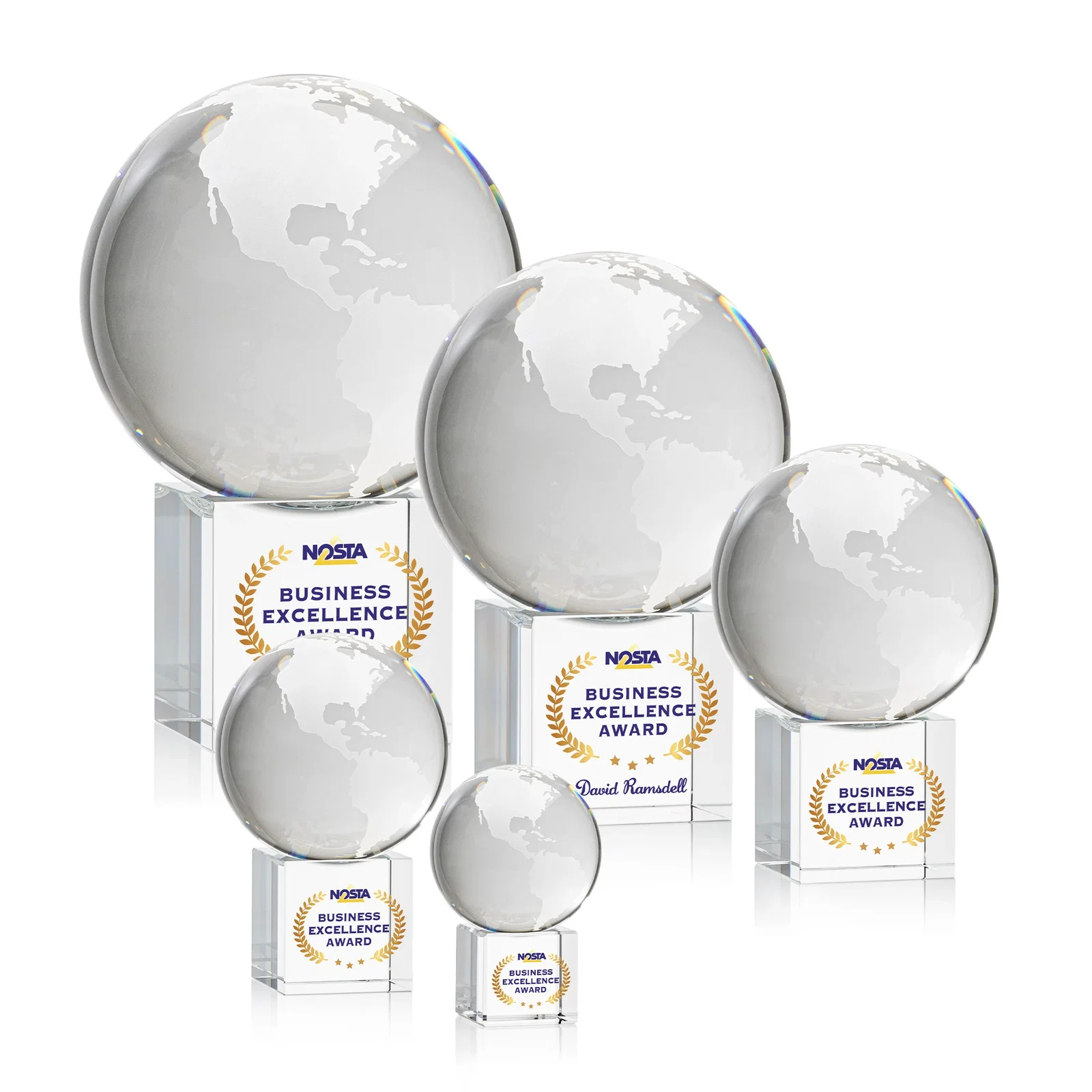 Personalized Rotating Globe Crystal Award on Cube Base, 3.625"-9" with Etched Continents for corporate award ceremonies