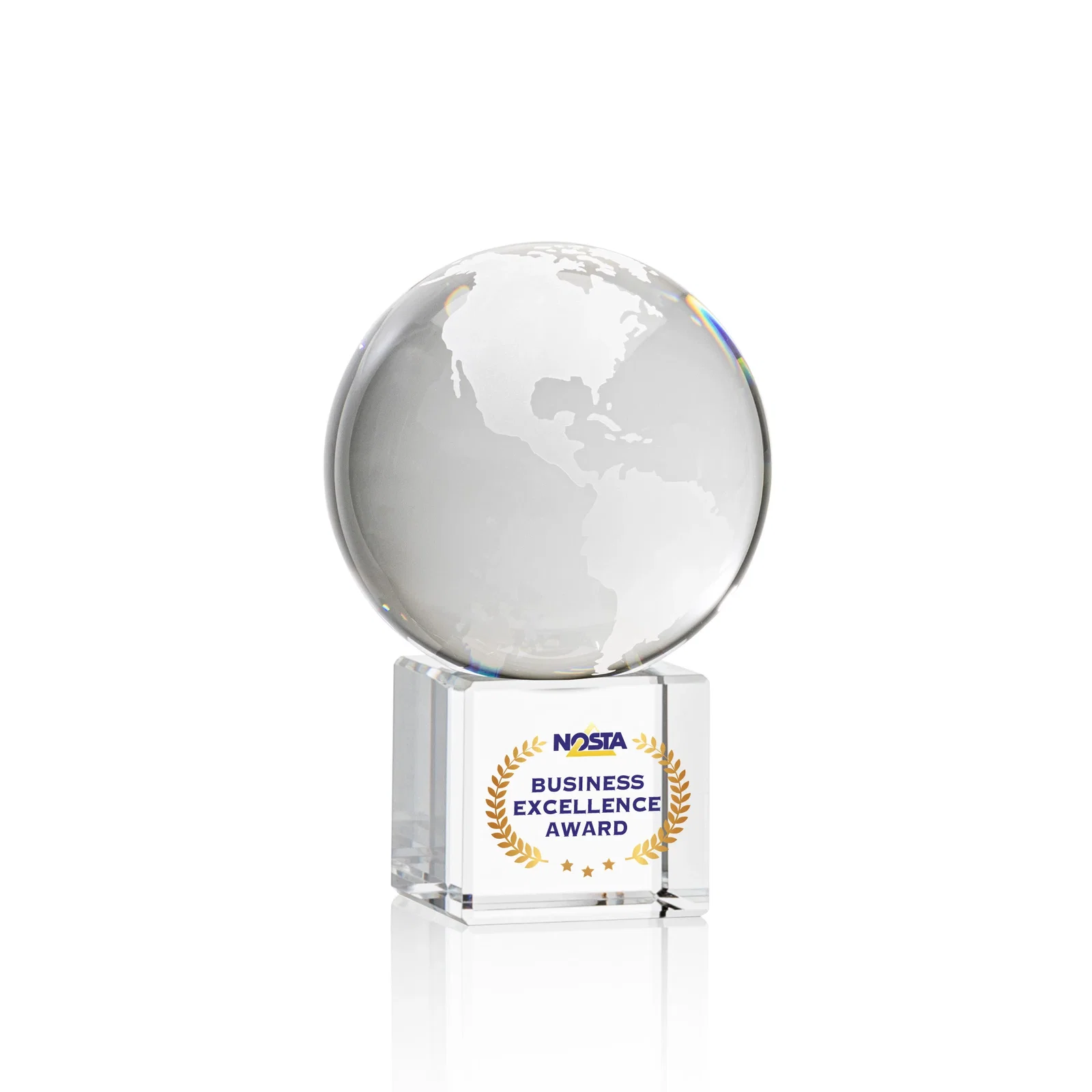Personalized Rotating Globe Crystal Award on Cube Base, 3.625"-9" with Etched Continents for service anniversary gifts