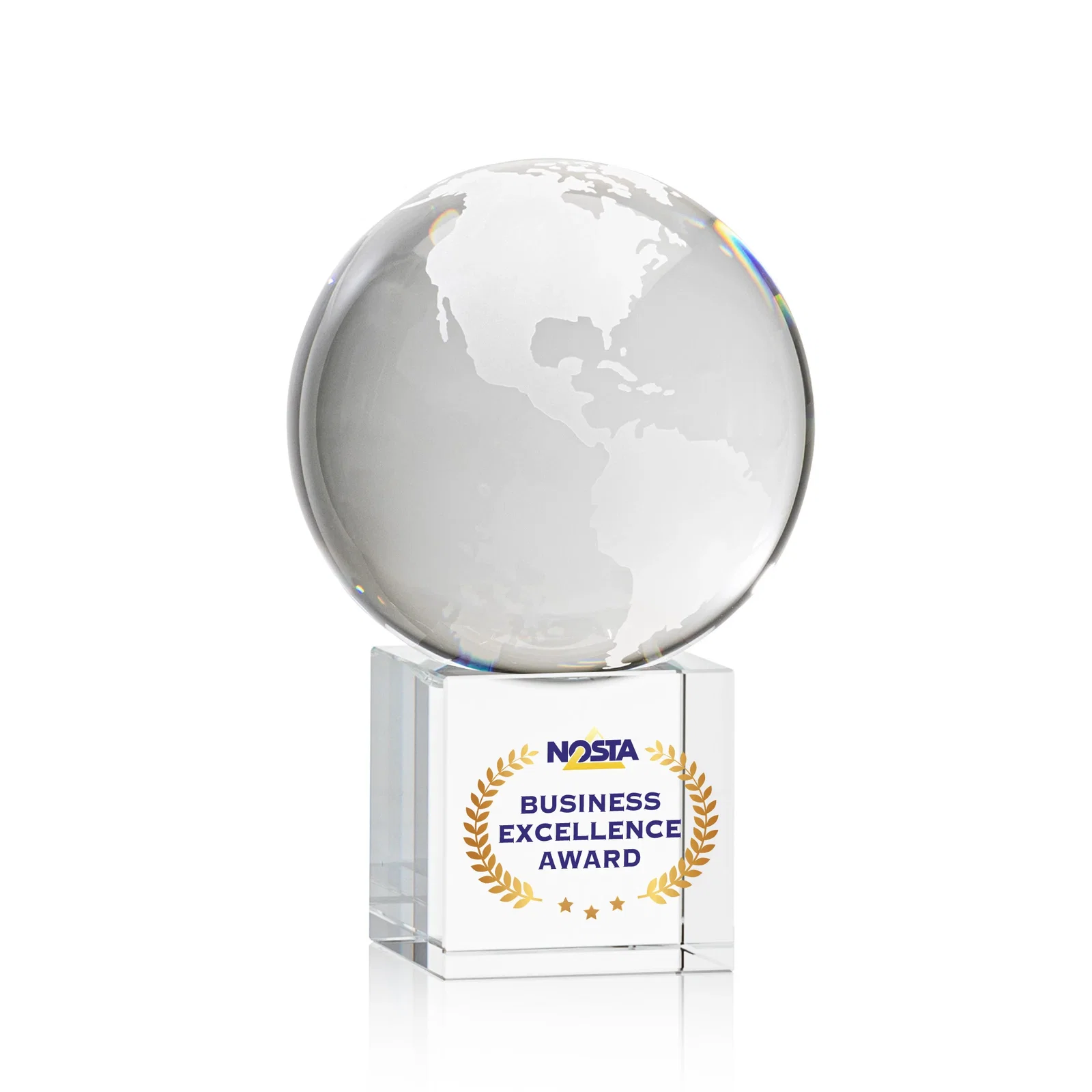 Personalized Rotating Globe Crystal Award on Cube Base, 3.625"-9" with Etched Continents for sales achievement awards