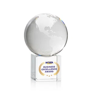 Rotating Globe Crystal Award on Cube Base, 3.625"-9" with Etched Continents
