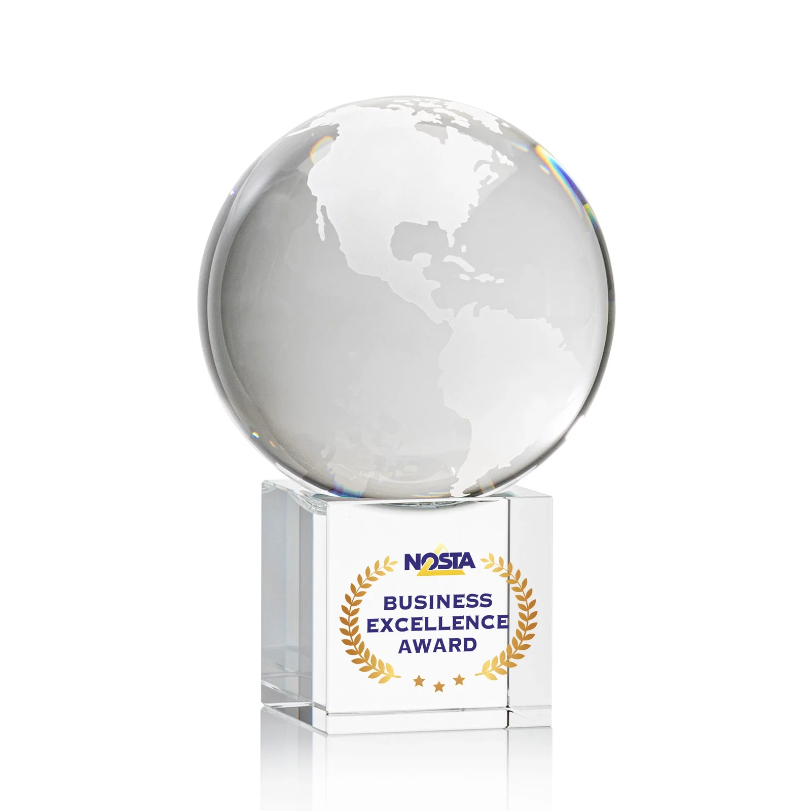 Personalized Rotating Globe Crystal Award on Cube Base, 3.625"-9" with Etched Continents for retirement presentations