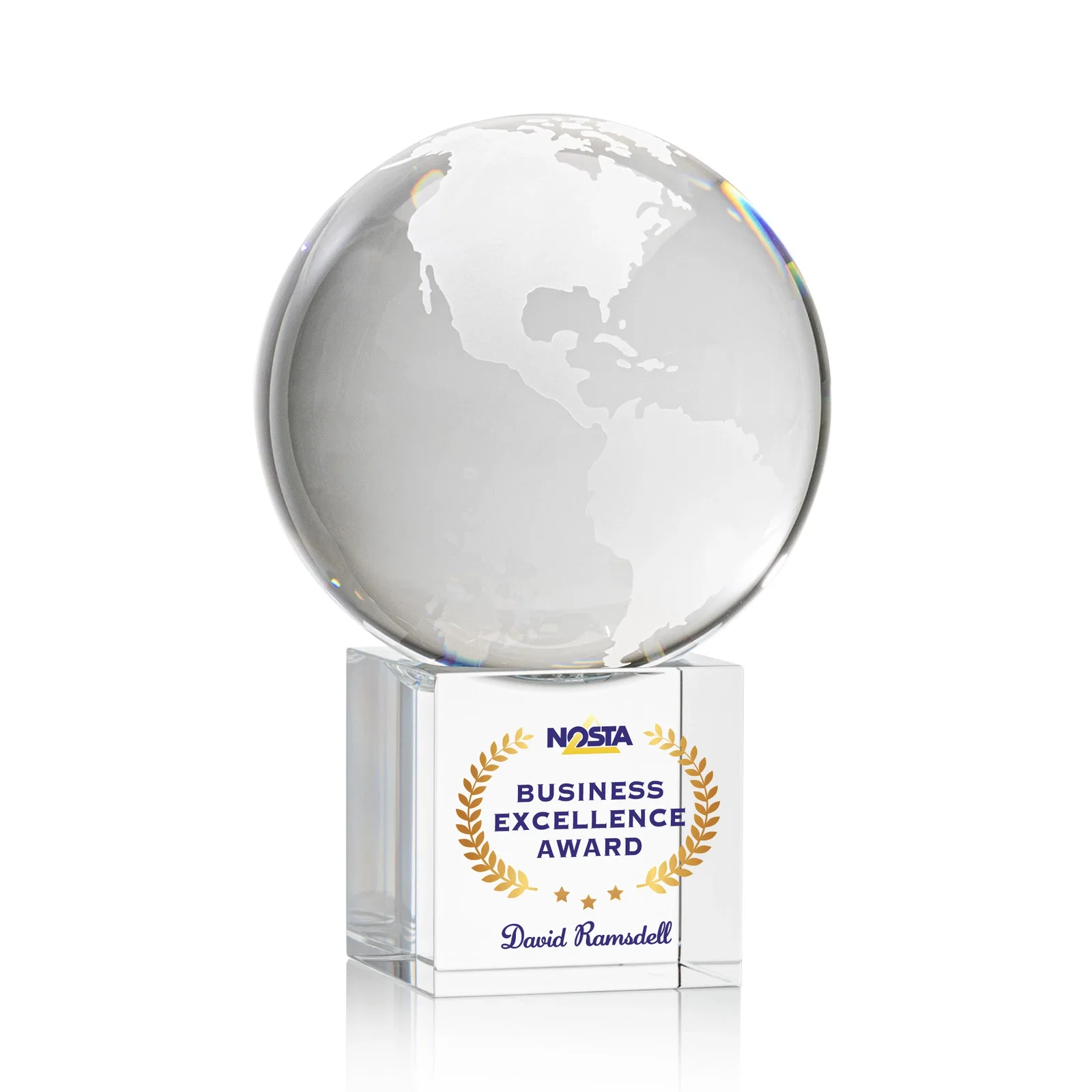 Personalized Rotating Globe Crystal Award on Cube Base, 3.625"-9" with Etched Continents for team milestone celebrations