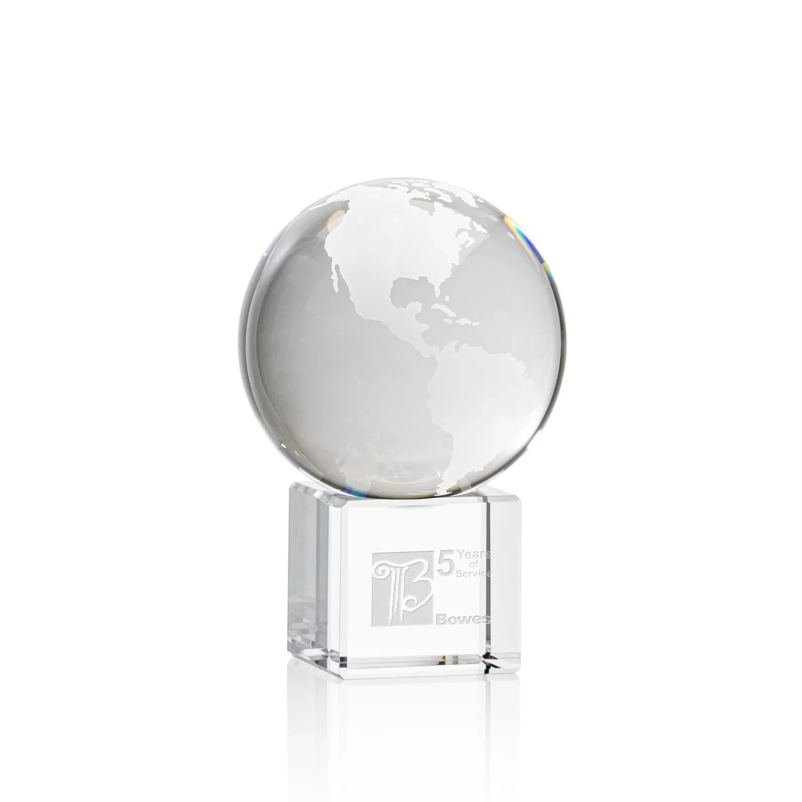 Custom Rotating Globe Crystal Award on Cube Base, 3.625"-9" with Etched Continents for corporate award ceremonies
