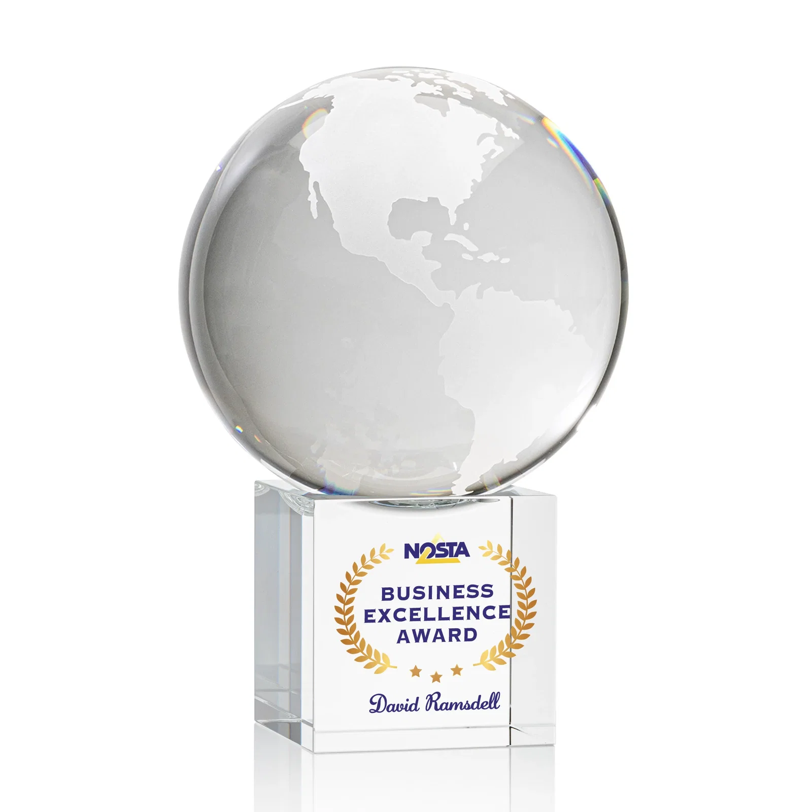 Personalized Rotating Globe Crystal Award on Cube Base, 3.625"-9" with Etched Continents for donor appreciation