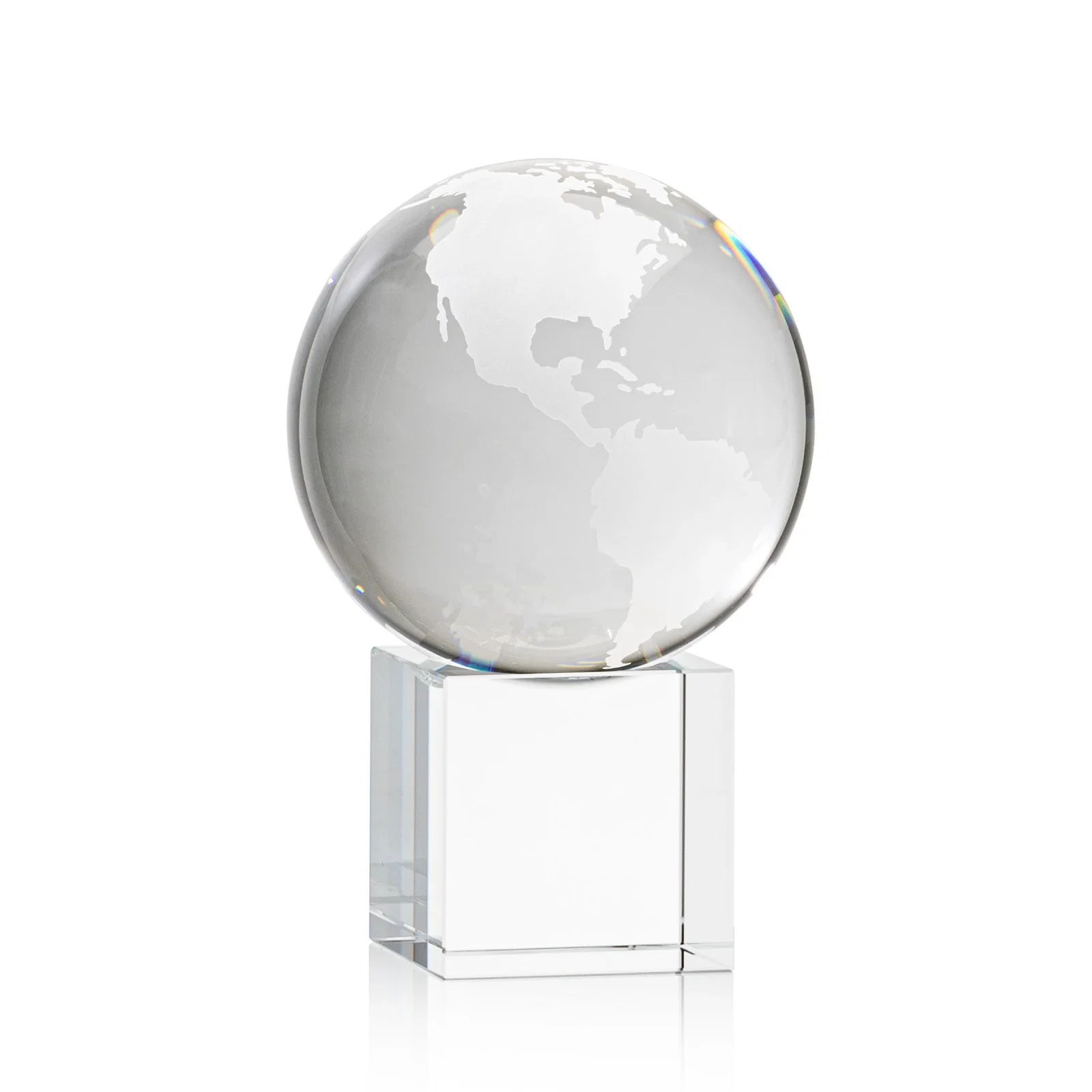 Personalized Rotating Globe Crystal Award on Cube Base, 3.625"-9" with Etched Continents for safety achievement programs