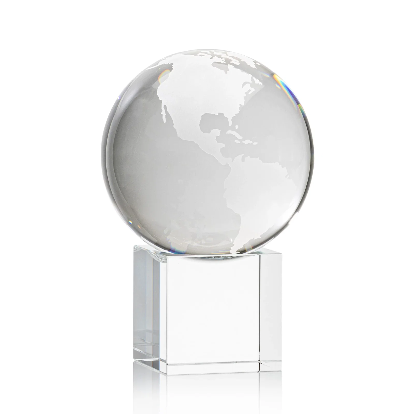 Personalized Rotating Globe Crystal Award on Cube Base, 3.625"-9" with Etched Continents for volunteer appreciation