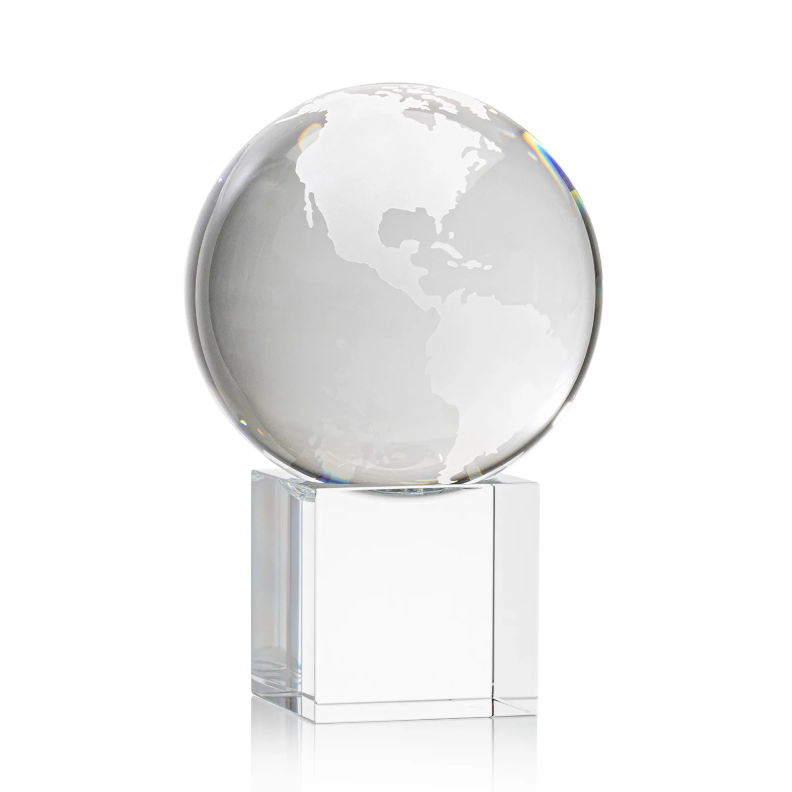 Personalized Rotating Globe Crystal Award on Cube Base, 3.625"-9" with Etched Continents for dealer and partner awards