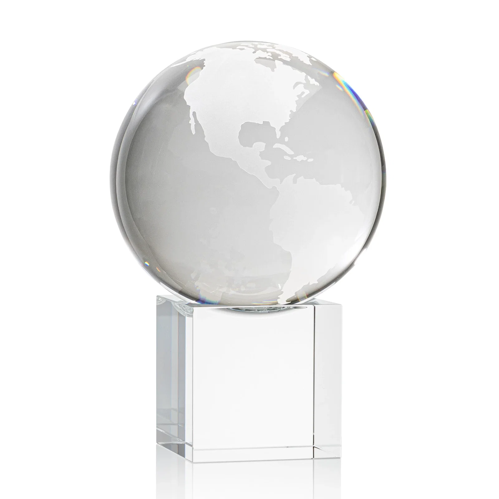 Personalized Rotating Globe Crystal Award on Cube Base, 3.625"-9" with Etched Continents for company anniversary events