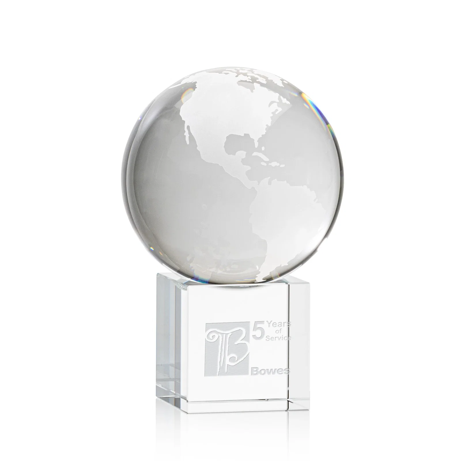 Custom Rotating Globe Crystal Award on Cube Base, 3.625"-9" with Etched Continents for service anniversary gifts