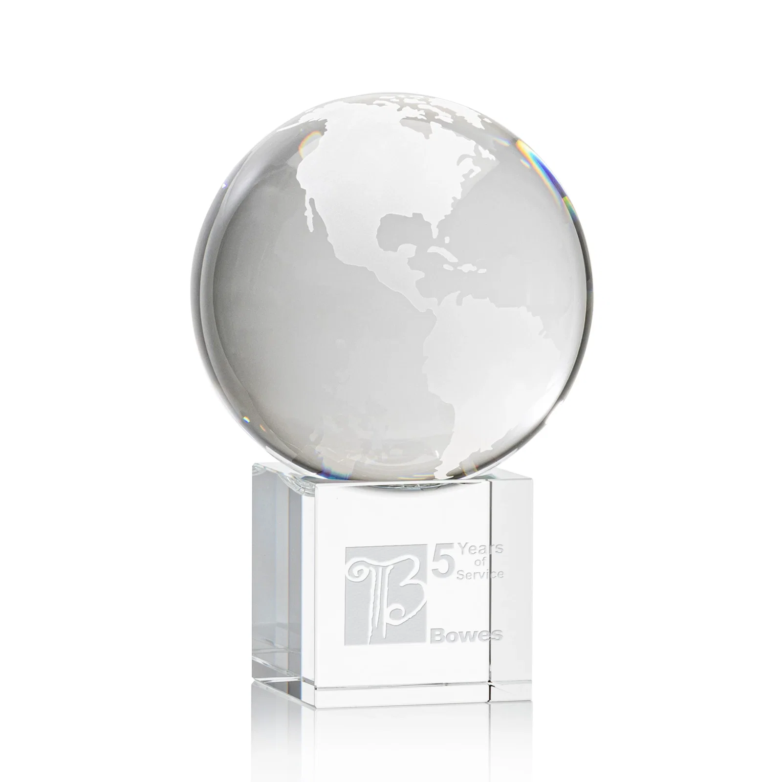 Custom Rotating Globe Crystal Award on Cube Base, 3.625"-9" with Etched Continents for sales achievement awards