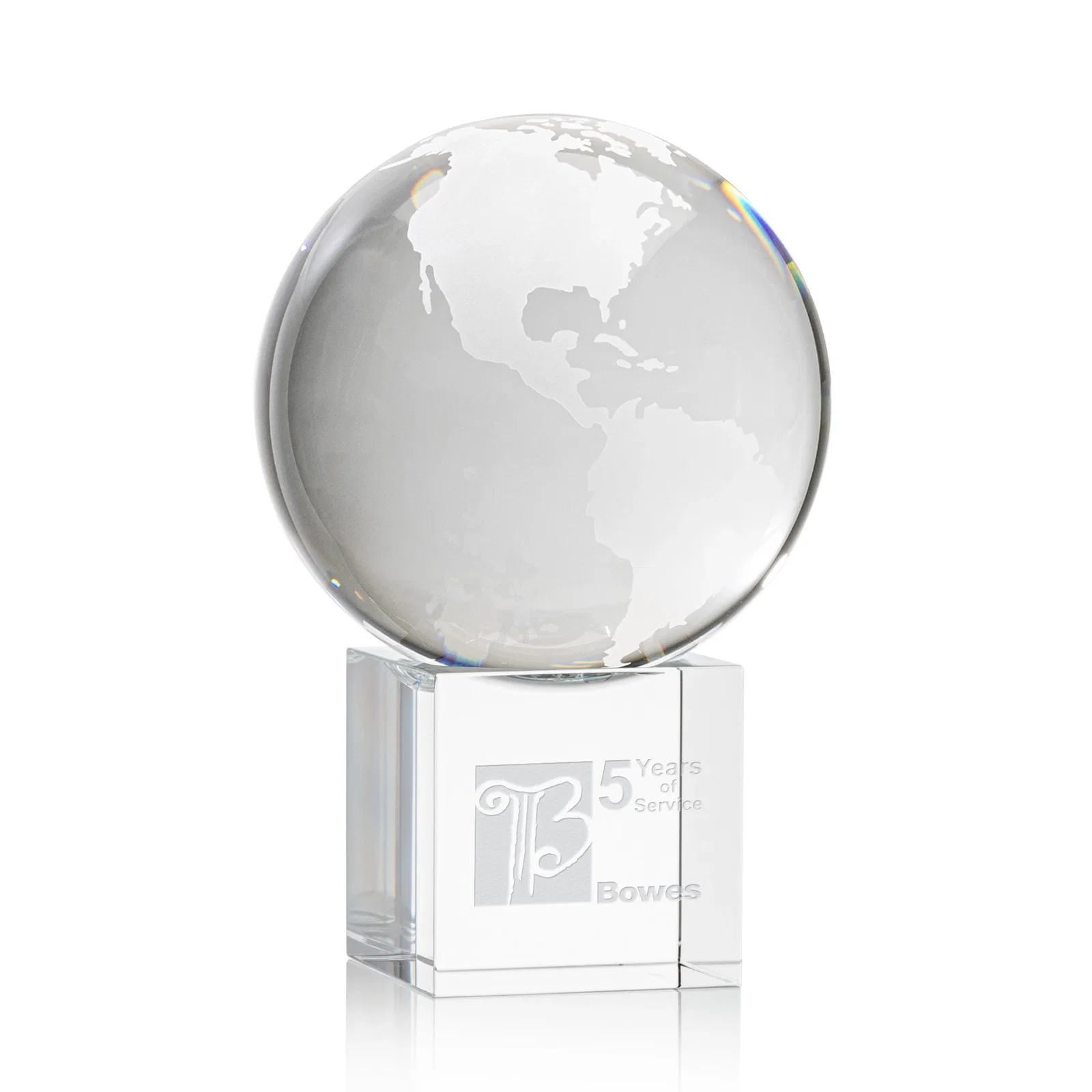 Custom Rotating Globe Crystal Award on Cube Base, 3.625"-9" with Etched Continents for retirement presentations