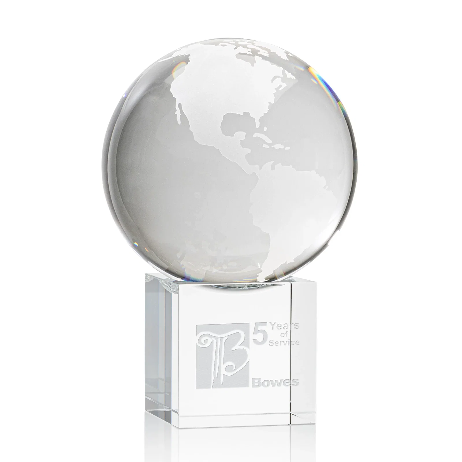 Custom Rotating Globe Crystal Award on Cube Base, 3.625"-9" with Etched Continents for team milestone celebrations