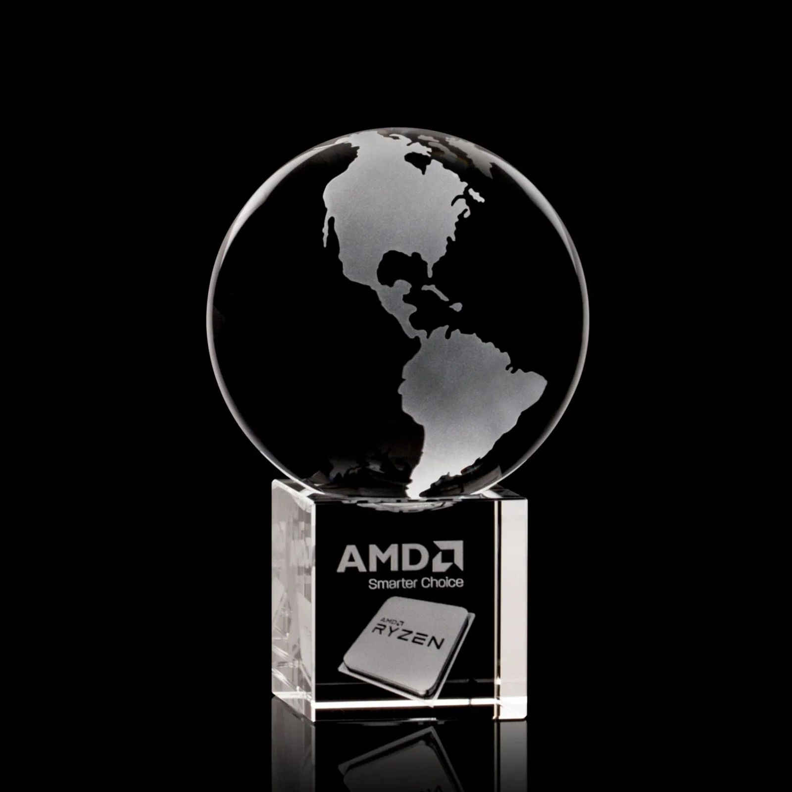 Custom Rotating Globe Crystal Award on Cube Base, 3.625"-9" with Etched Continents for safety achievement programs