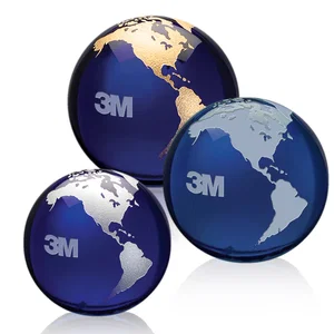 Round Globe Crystal Paperweight, 2.375"-6" with Etched Continents