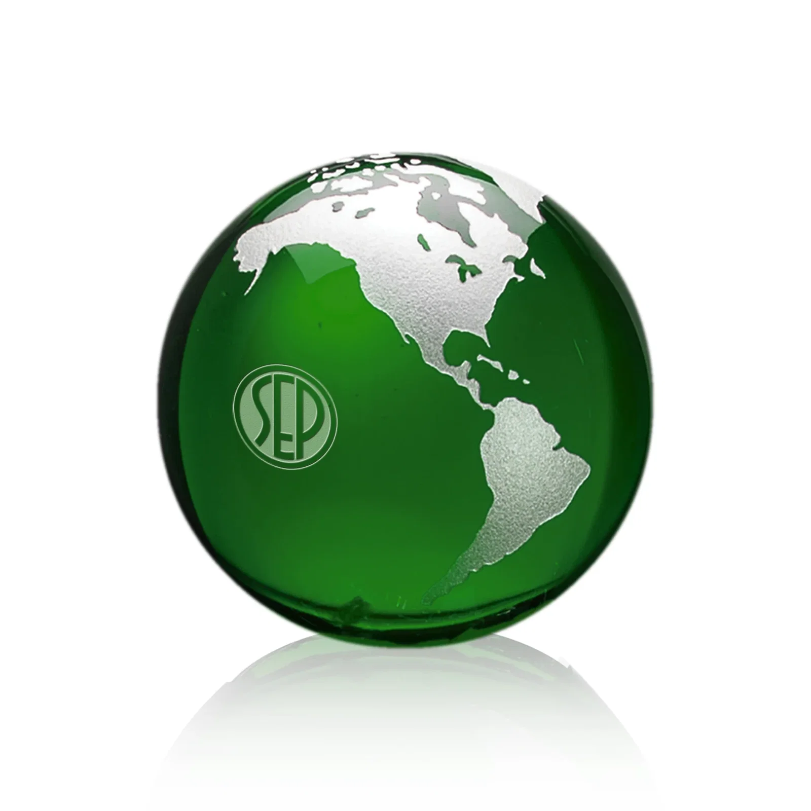 Custom Round Globe Crystal Paperweight, 2.375"-6" with Etched Continents for dealer and partner awards