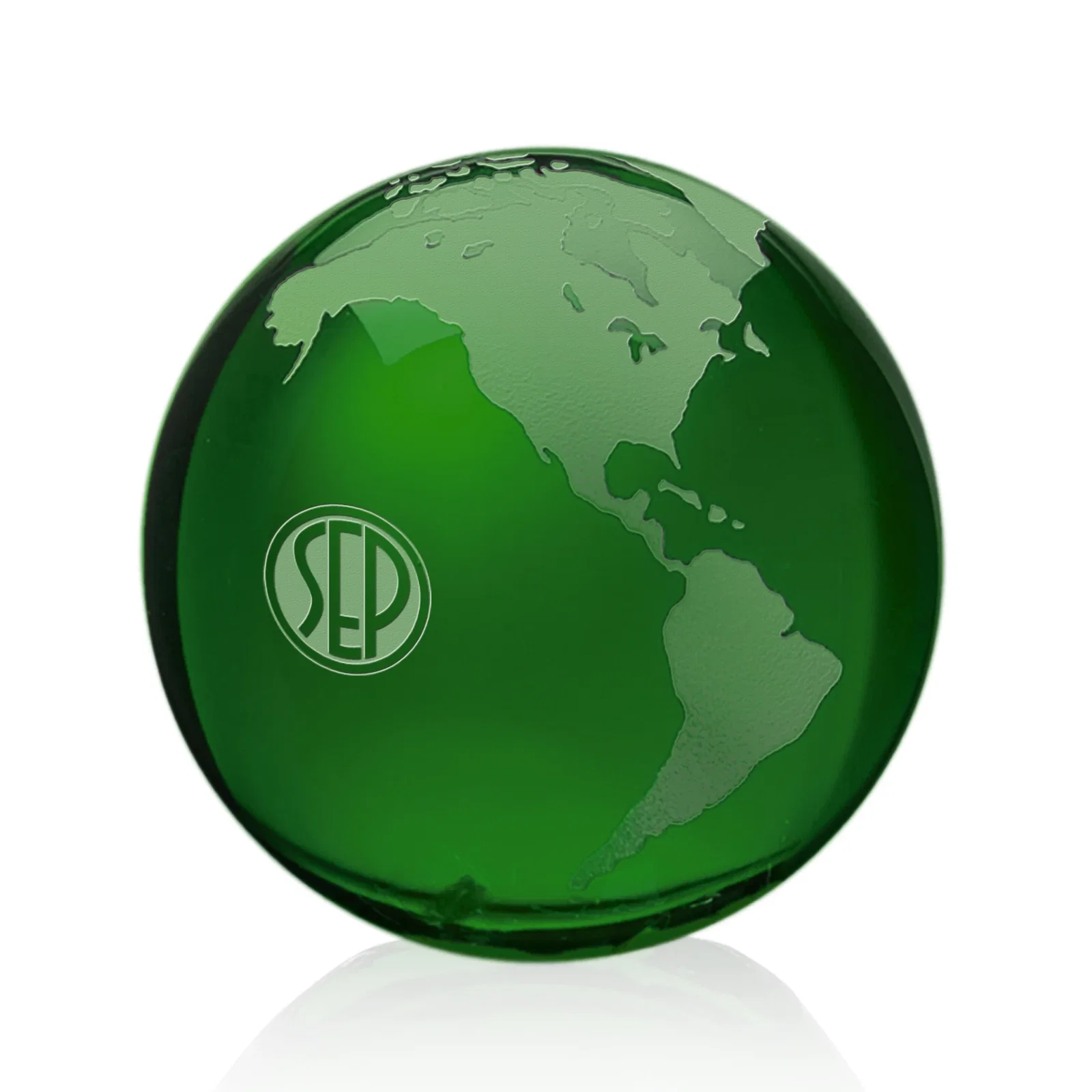 Custom Round Globe Crystal Paperweight, 2.375"-6" with Etched Continents for company anniversary events
