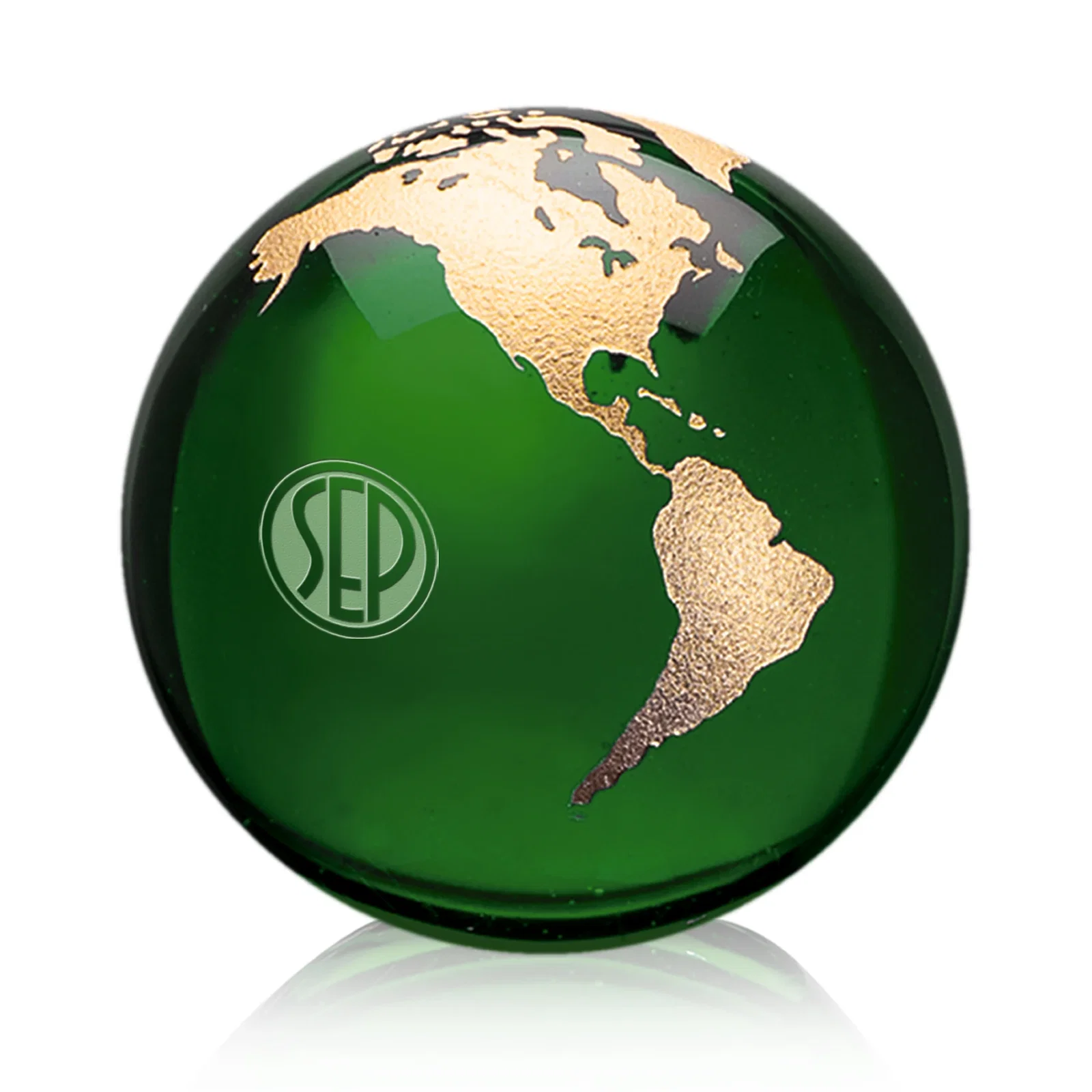 Personalized Round Globe Crystal Paperweight, 2.375"-6" with Etched Continents for service anniversary gifts