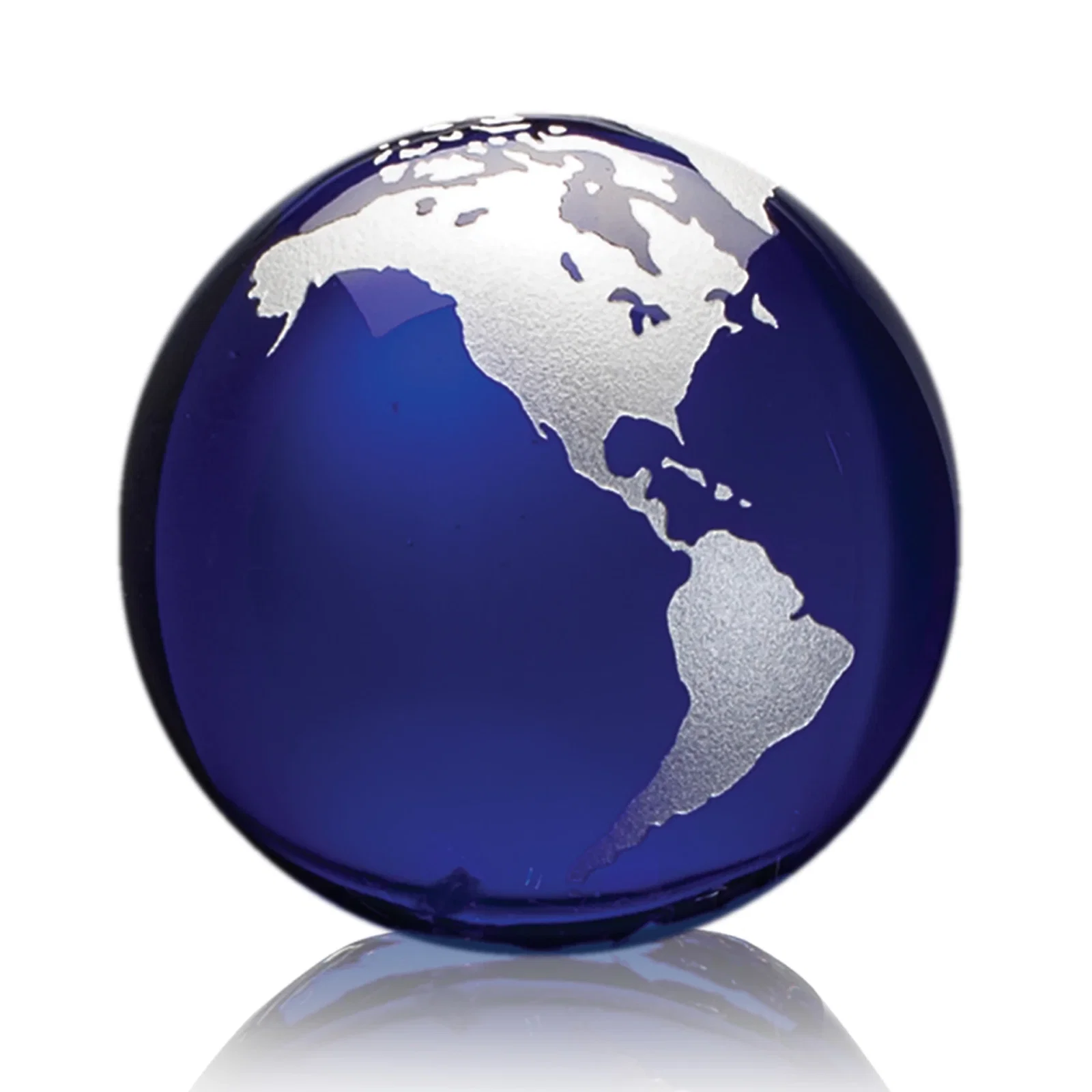 Branded Round Globe Crystal Paperweight, 2.375"-6" with Etched Continents for service anniversary gifts