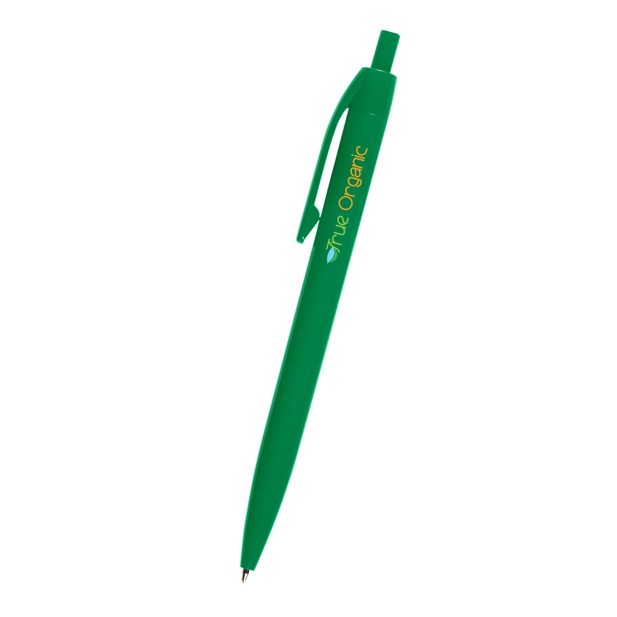 Green pen angled to reveal the tapered writing end