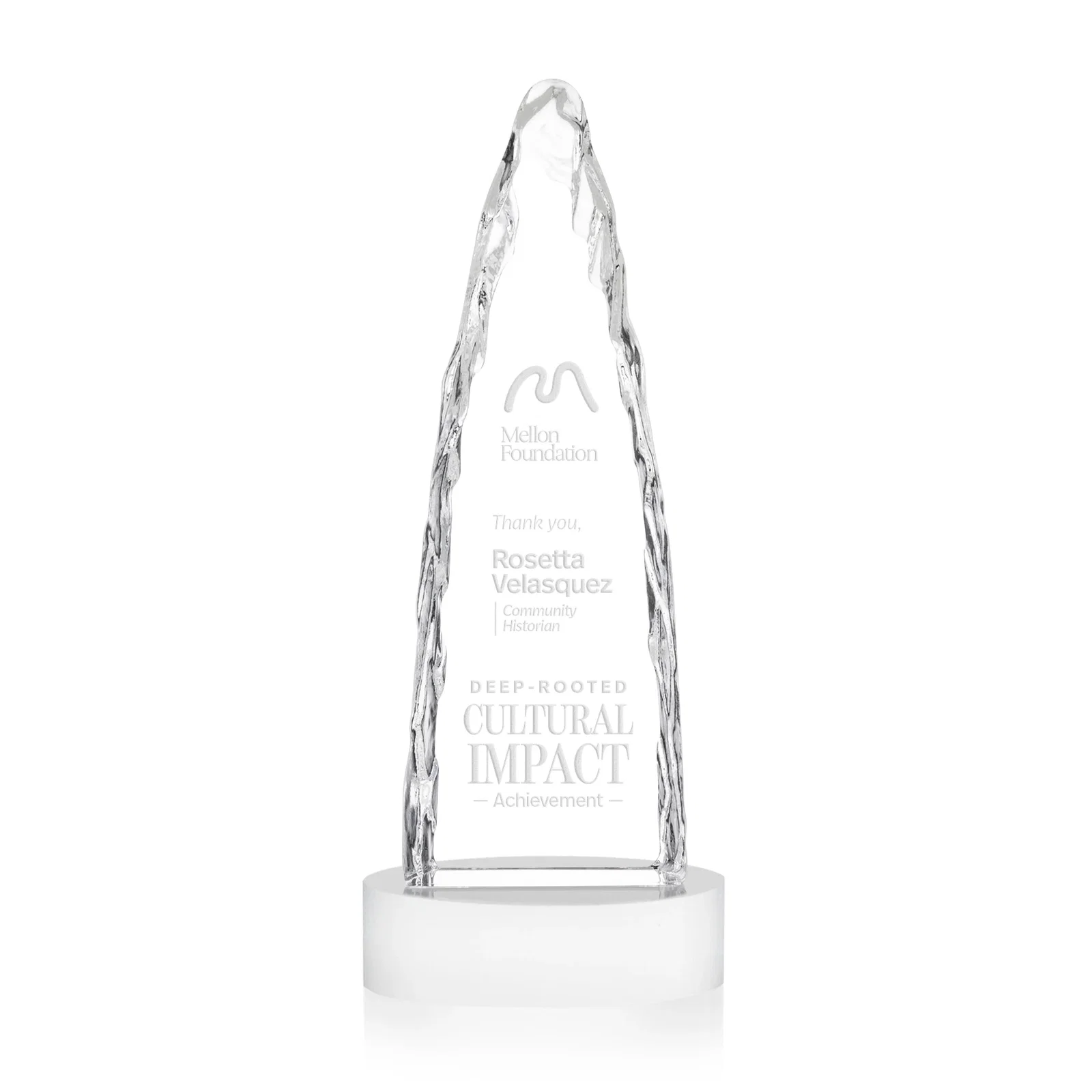 Custom Optical Crystal Tower Award with a Sheared Iceberg Silhouette, awards for volunteer appreciation