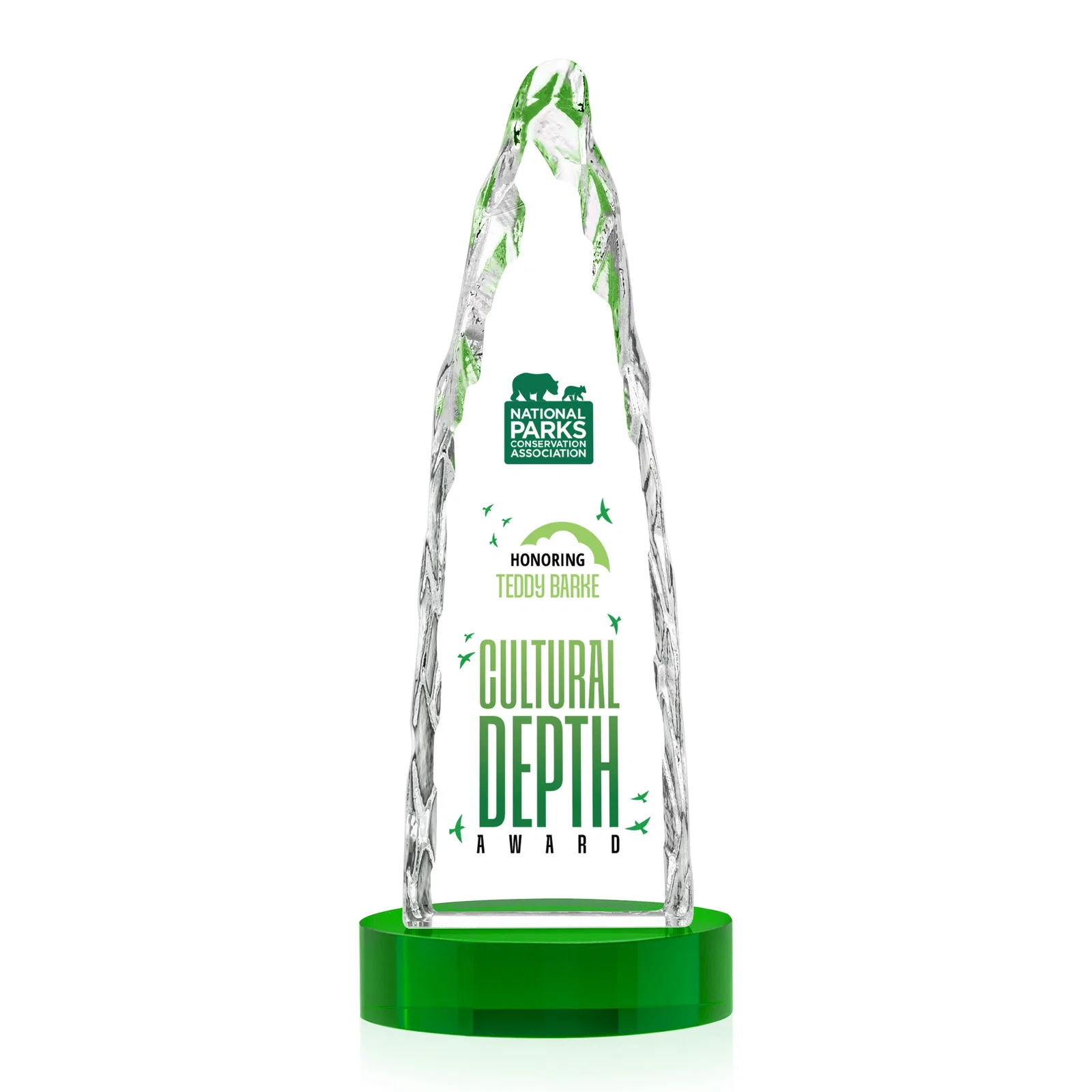 Custom Optical Crystal Tower Award with a Sheared Iceberg Silhouette, awards, with your logo for retirement presentations