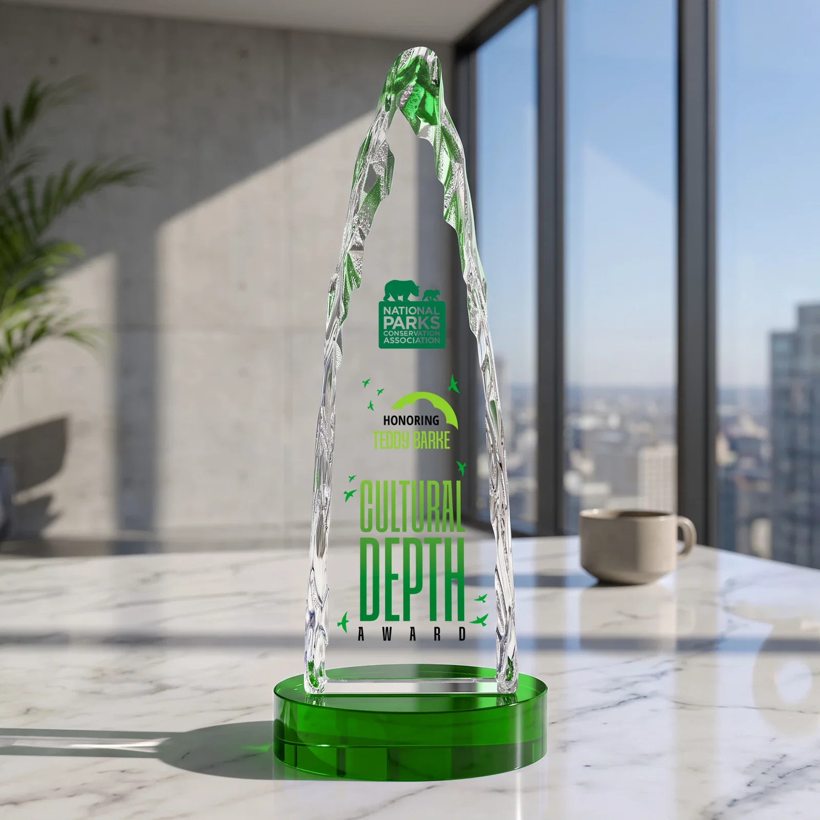 Custom Optical Crystal Tower Award with a Sheared Iceberg Silhouette, awards, with your logo for donor appreciation